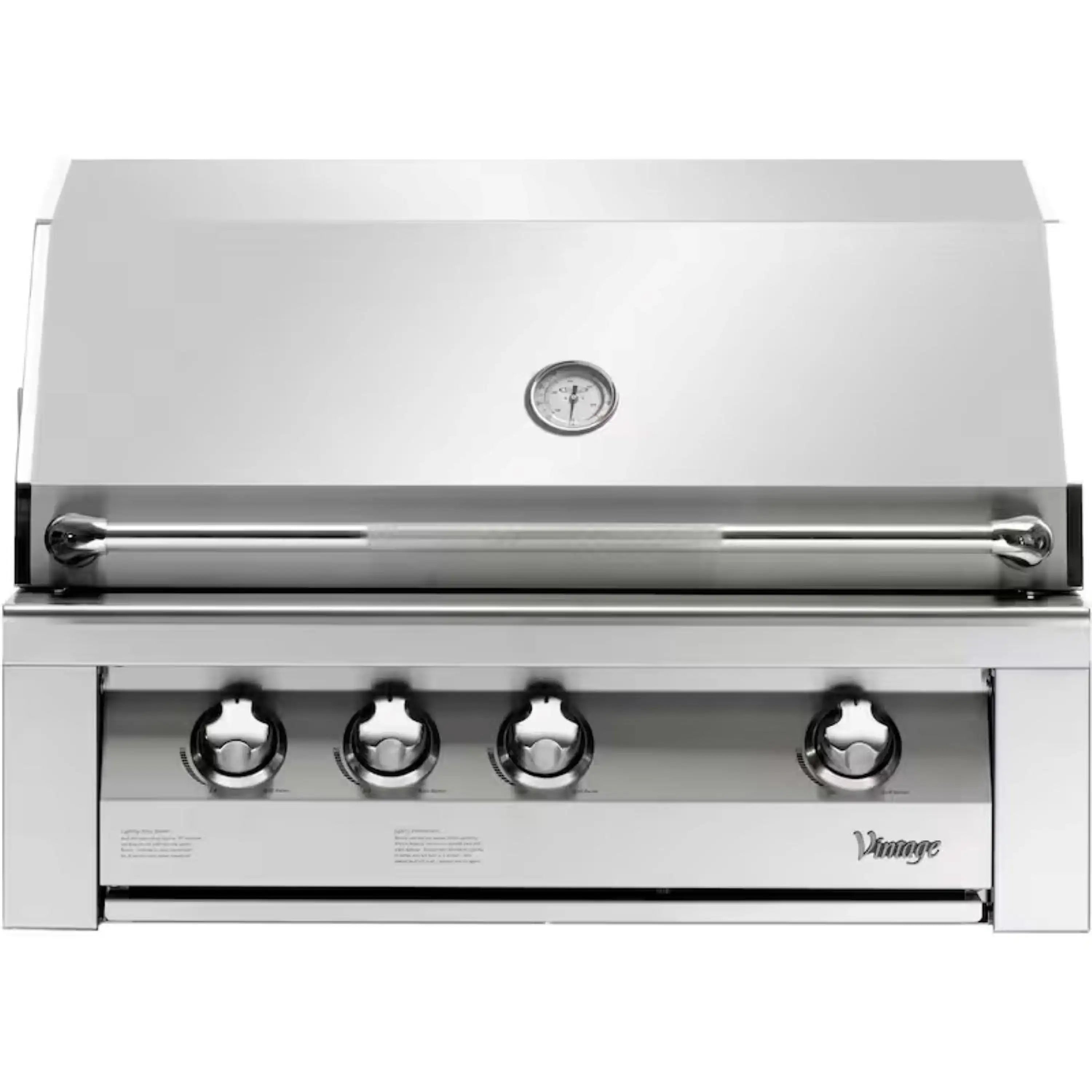 Stainless steel built-in propane gas grill with side control knobs and lid thermometer