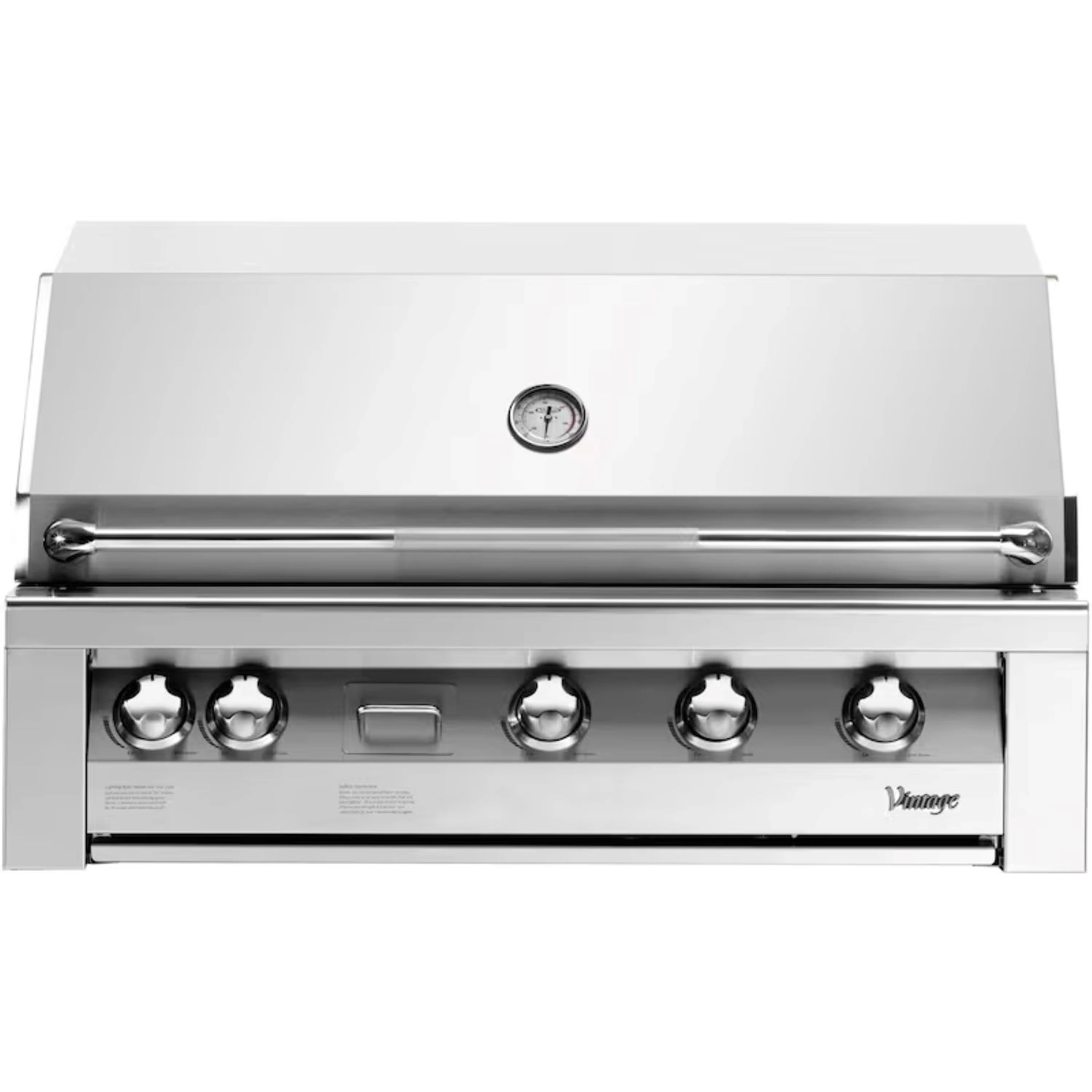 Stainless steel grill front panel with thermometer and six control knobs