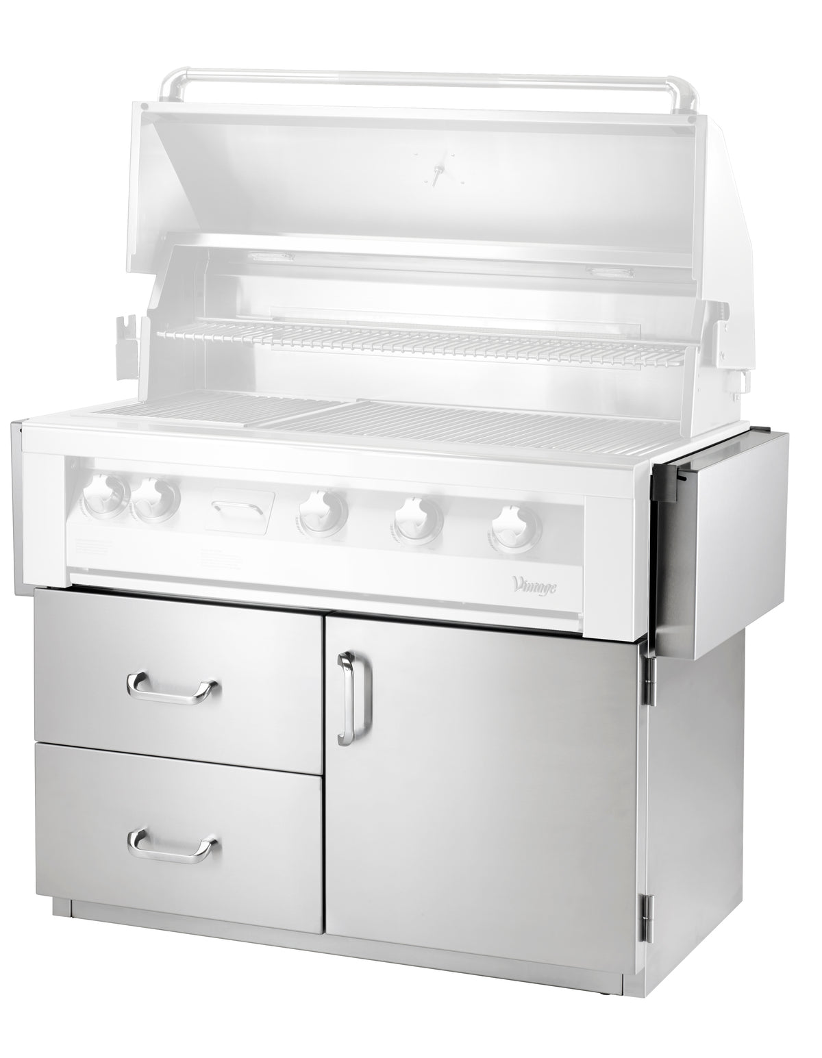 White grill cart with open lid, side access door, two drawers below