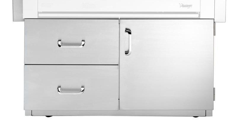 White metal grill cart with two drawers and center door, silver handles