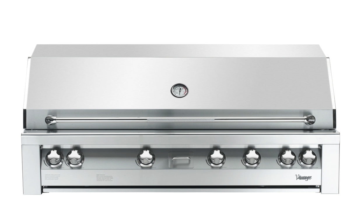 Stainless steel natural gas grill front with control knobs and side handles