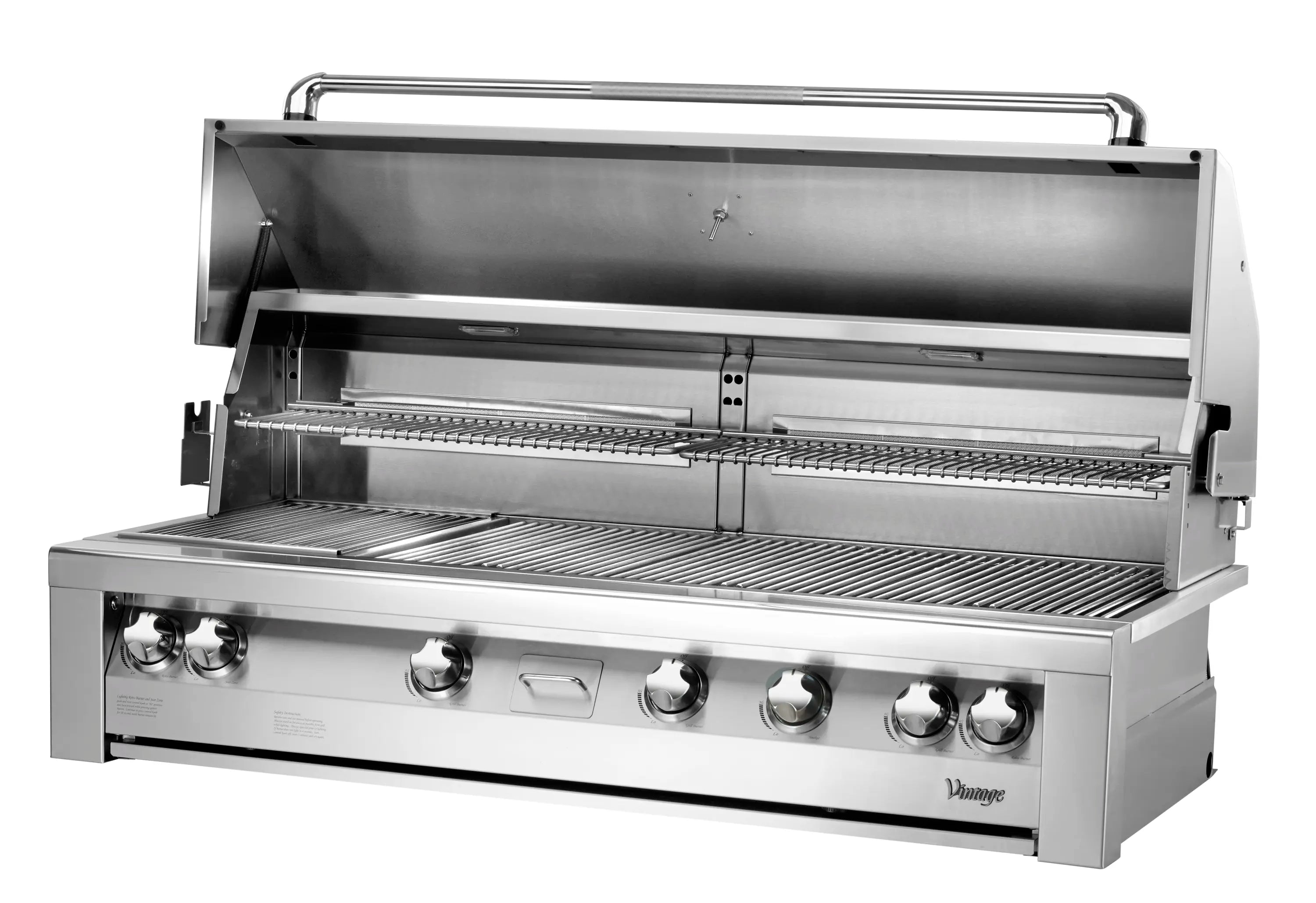 Stainless steel built-in gas grill open with cooking grate and burner covers