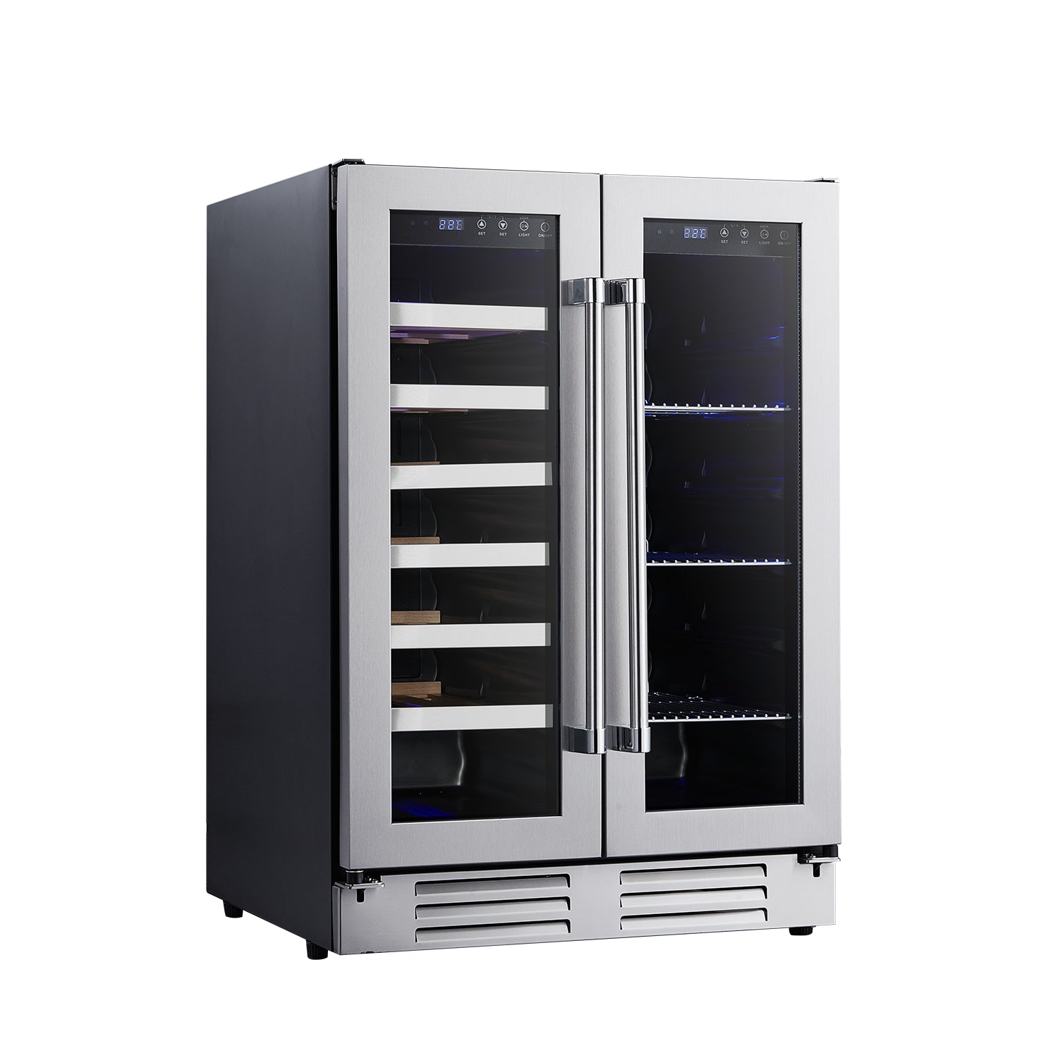 24-inch wine cooler beverage center with dual French doors, glass fronts, stainless frame