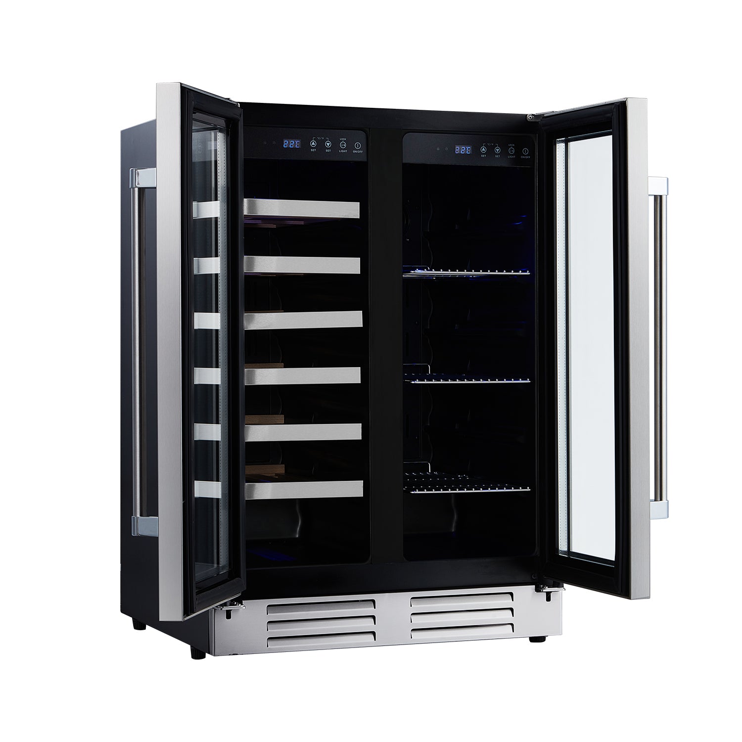 24-inch wine cooler beverage center, open dual doors with black interior and lit shelves