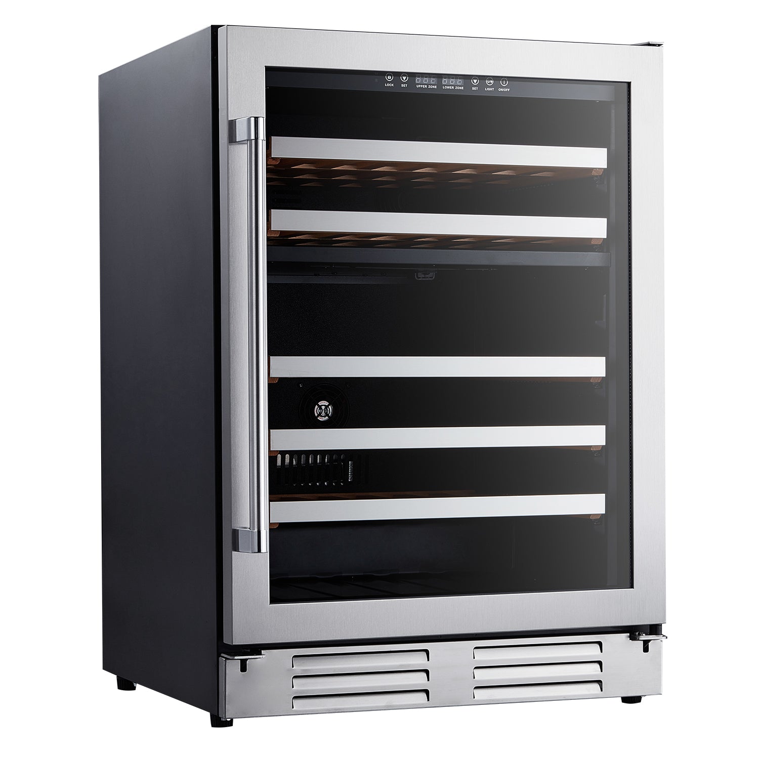 Built-in wine cooler with black cabinet, stainless trim, glass door, dual-zone shelves