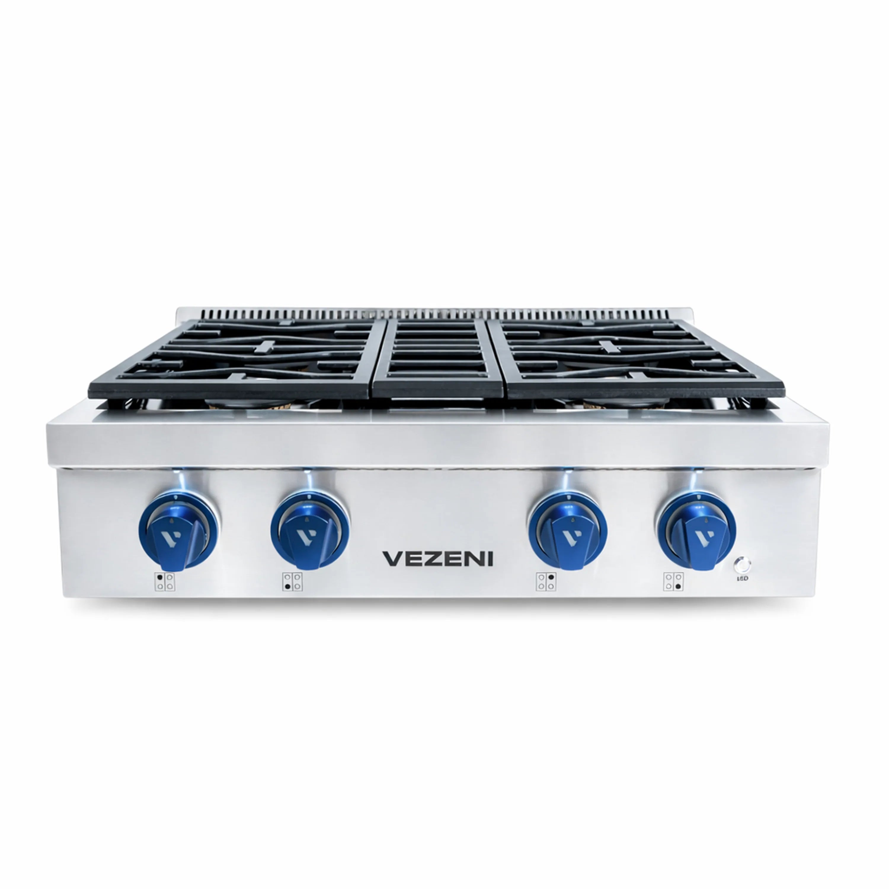 Stainless steel gas rangetop front panel with five burners and blue control knobs
