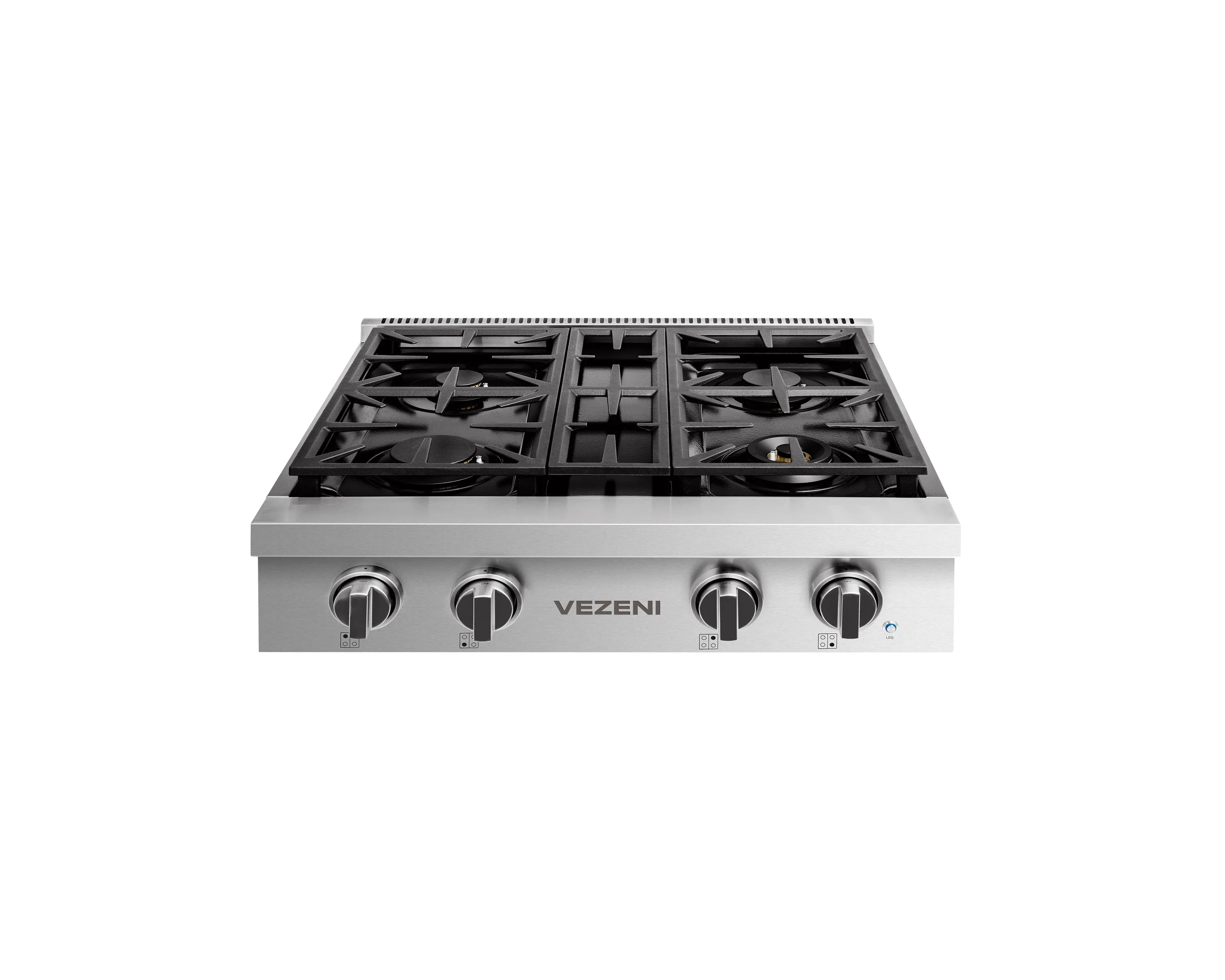 Stainless steel gas rangetop with four burner grates and control knobs