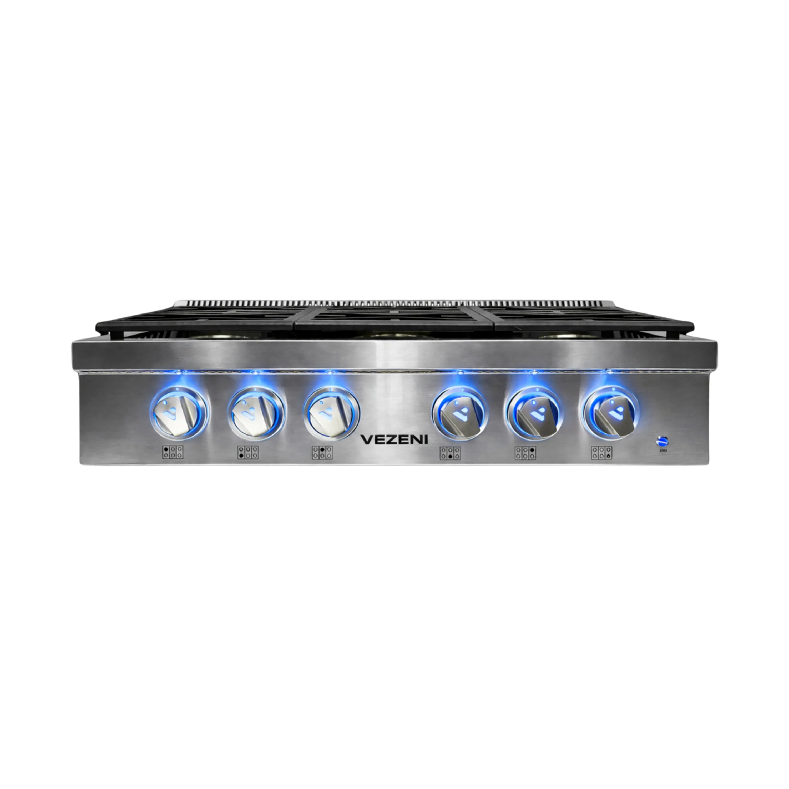 Vezeni 36-inch stainless steel gas rangetop, black grate, silver knobs with blue lights