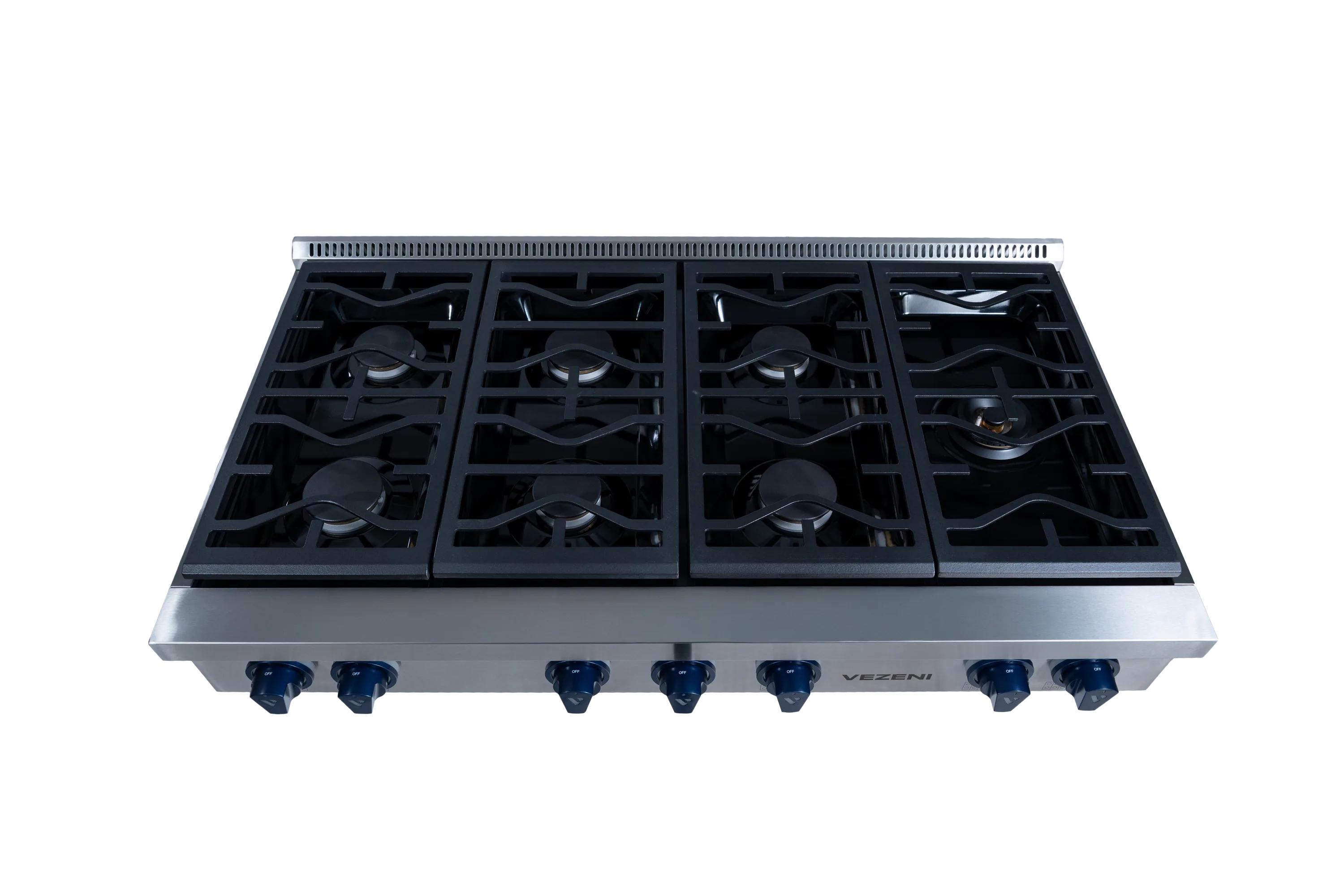 Stainless steel gas rangetop with four burners and black cast grates