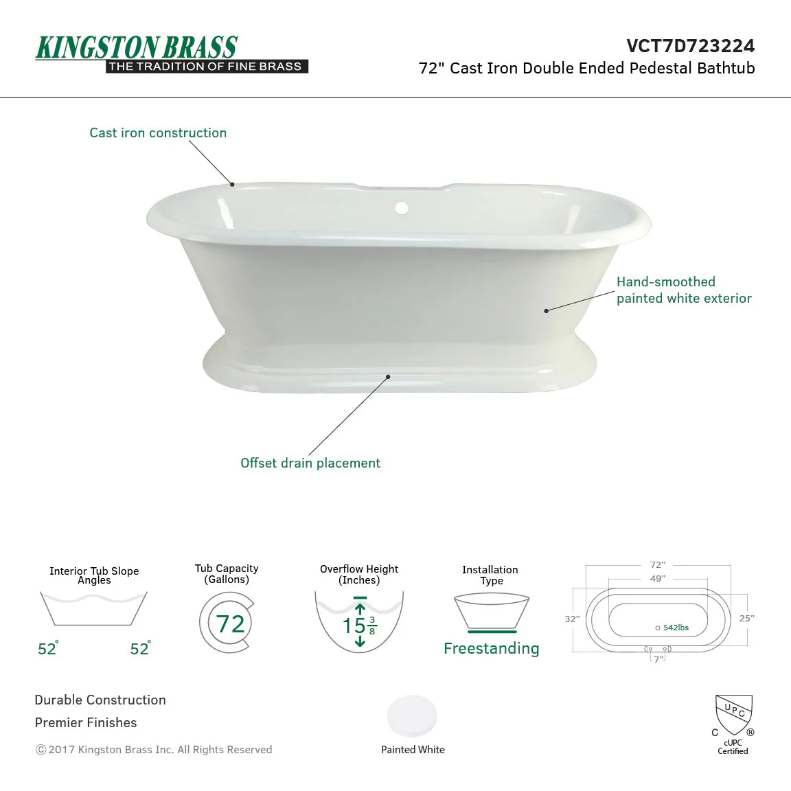 White cast iron double-ended pedestal bathtub, freestanding diagram view