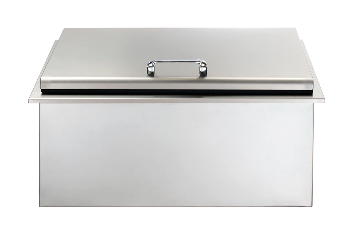 Vintage ice chest with flat lid and chrome handle, rectangular stainless body