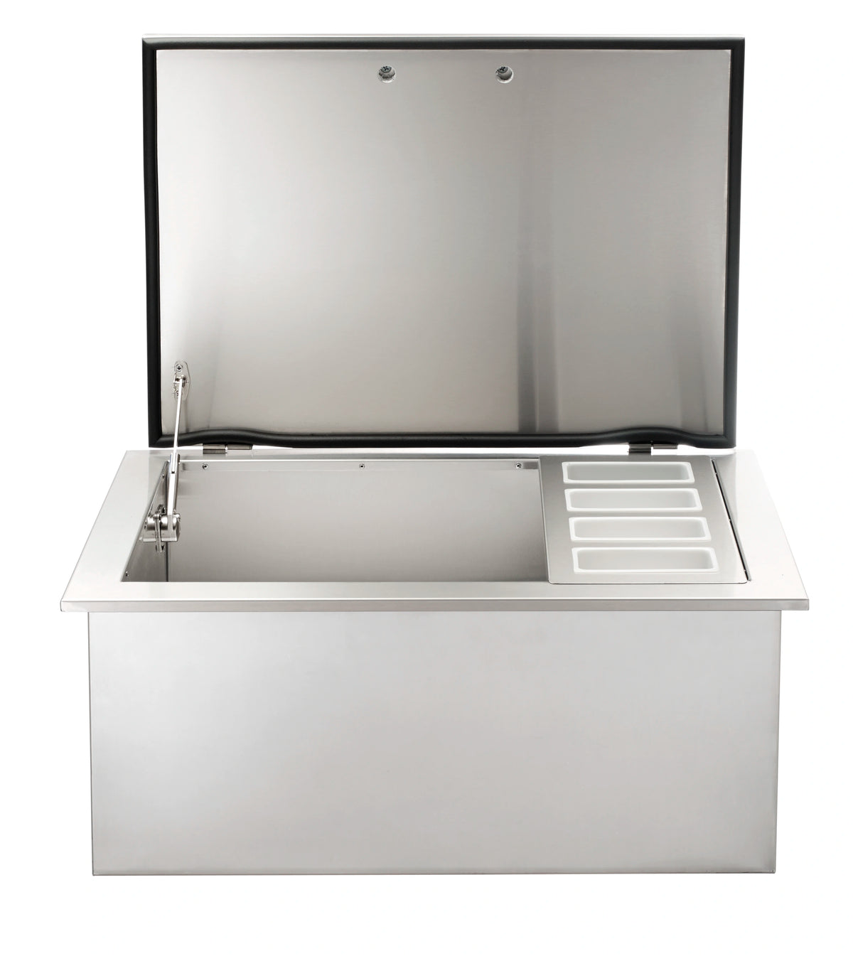 Metal vintage ice chest with open lid, built-in ice tray, and side shelf