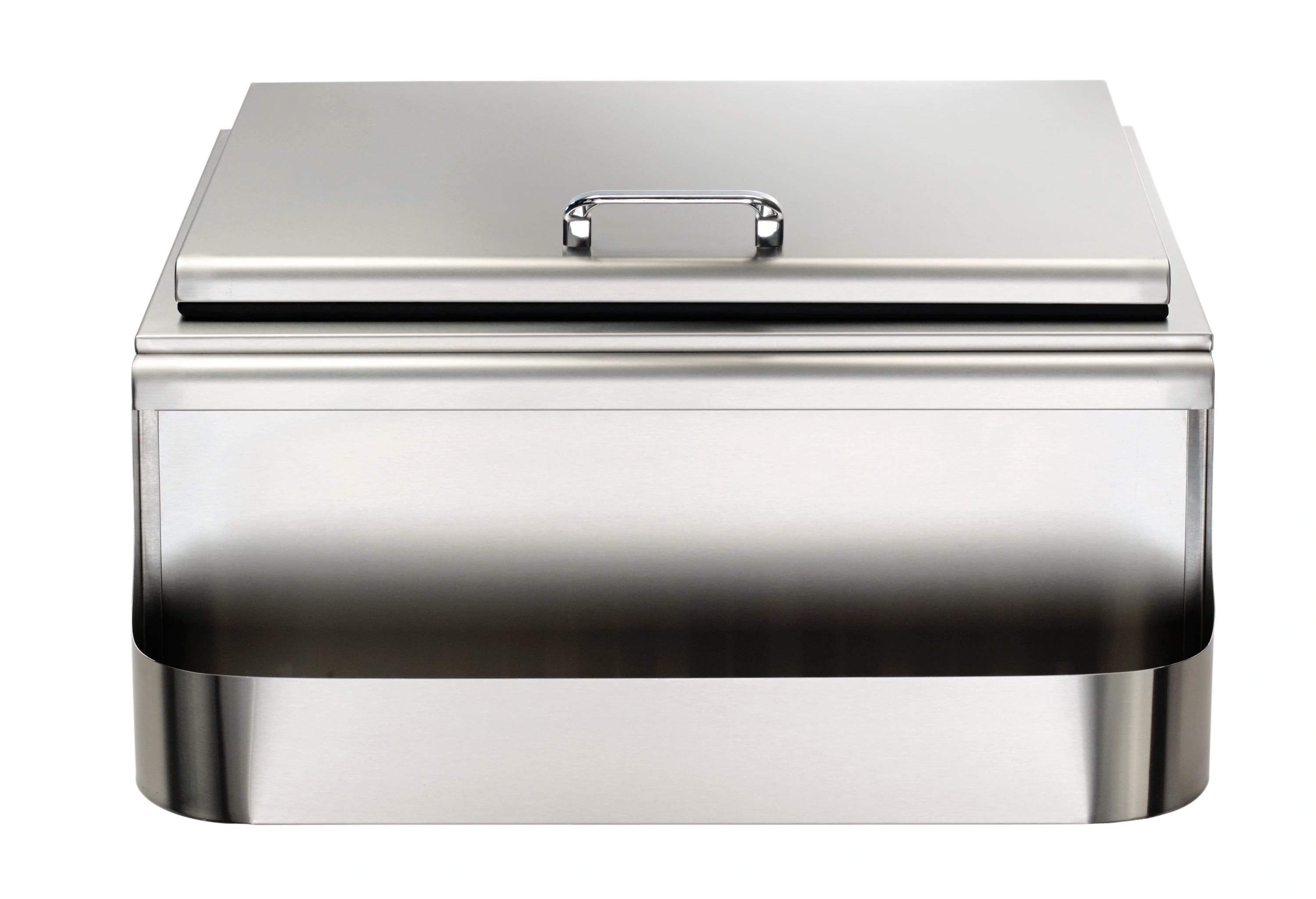 Stainless metal ice chest with closed lid and chrome carry handle, front view