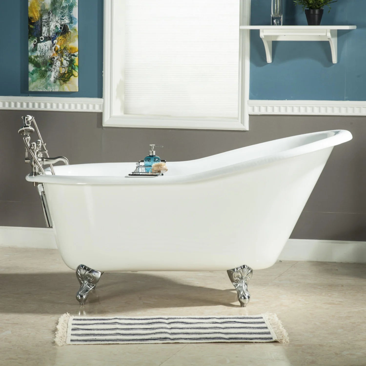 White oval slipper clawfoot tub with polished chrome feet and wide overhang rim