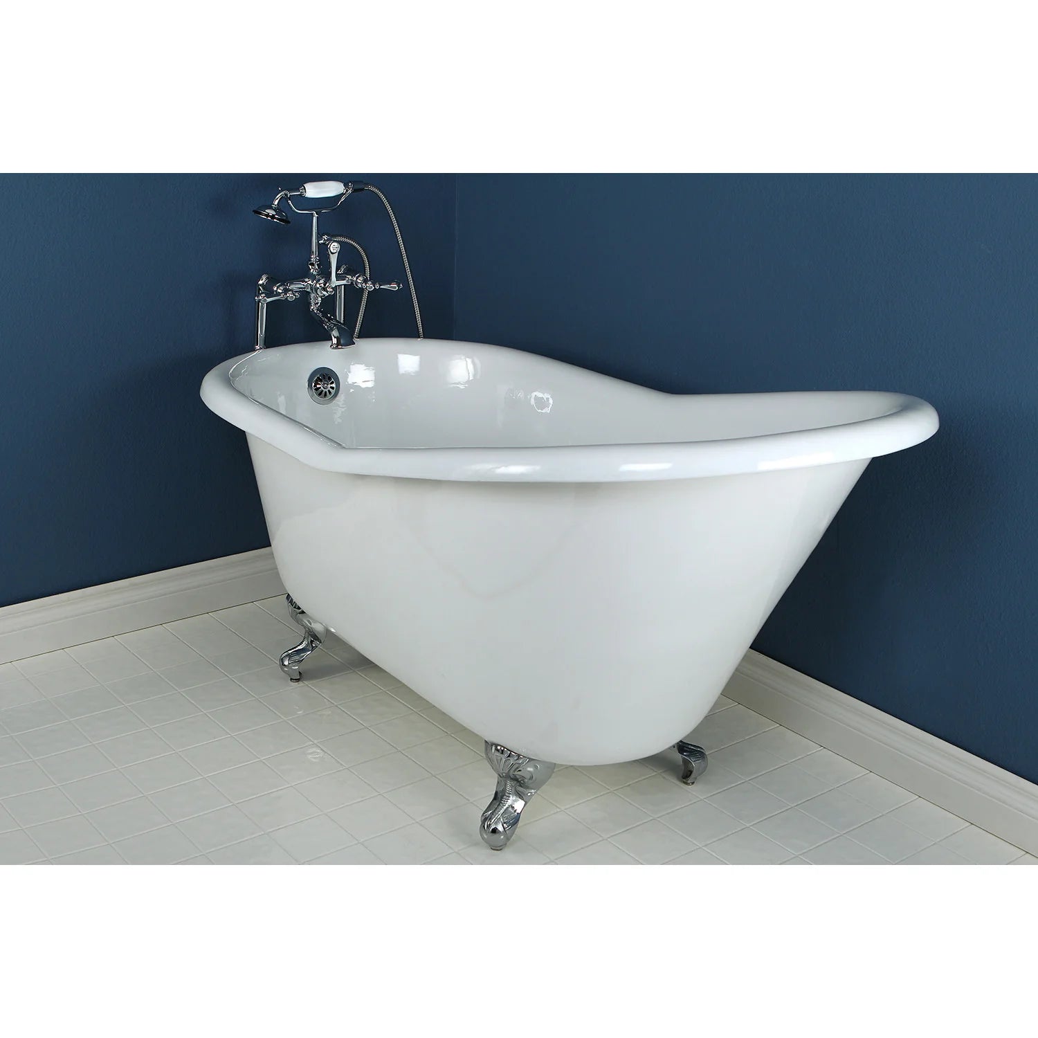 White oval slipper clawfoot tub with polished chrome claw feet and smooth rim