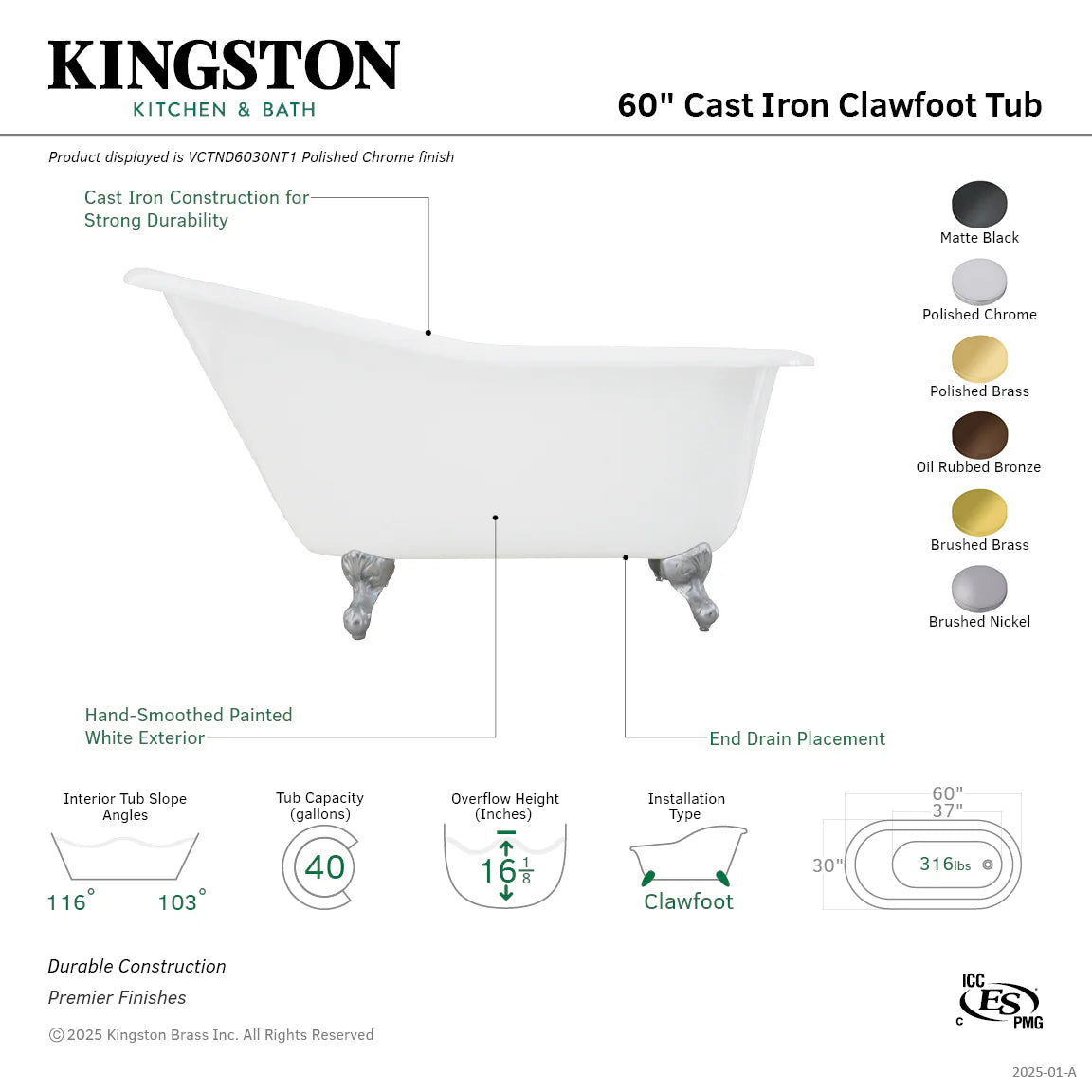 White 60 in oval cast iron clawfoot tub with glossy finish and dark claw feet