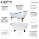 Kingston Brass Aqua Eden 60" Cast Iron Oval Single Slipper Clawfoot Tub, No Faucet Drillings, White/Brushed Nickel (VCTND6030NT8)