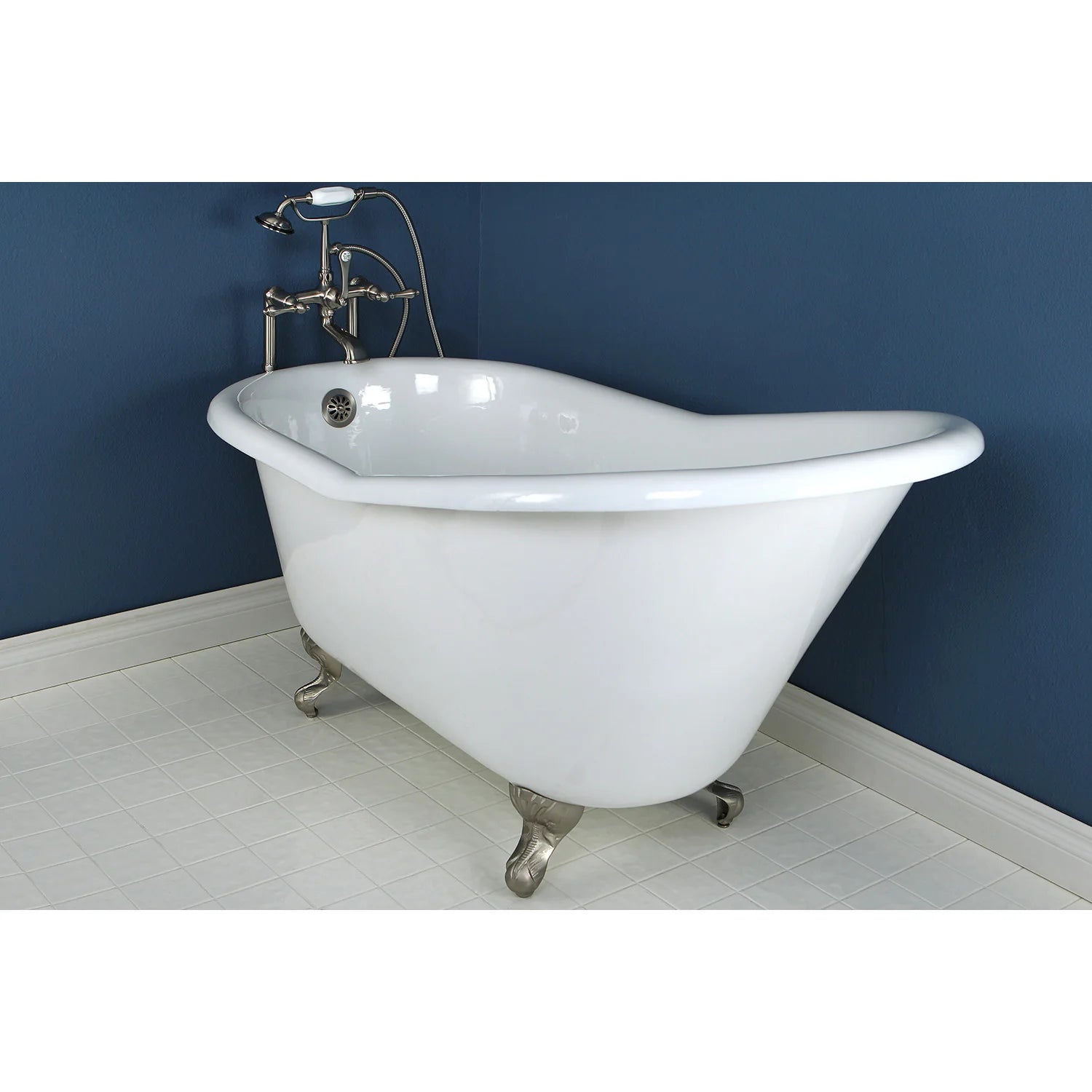 White oval slipper clawfoot cast iron tub with metal feet and wall-mounted faucet