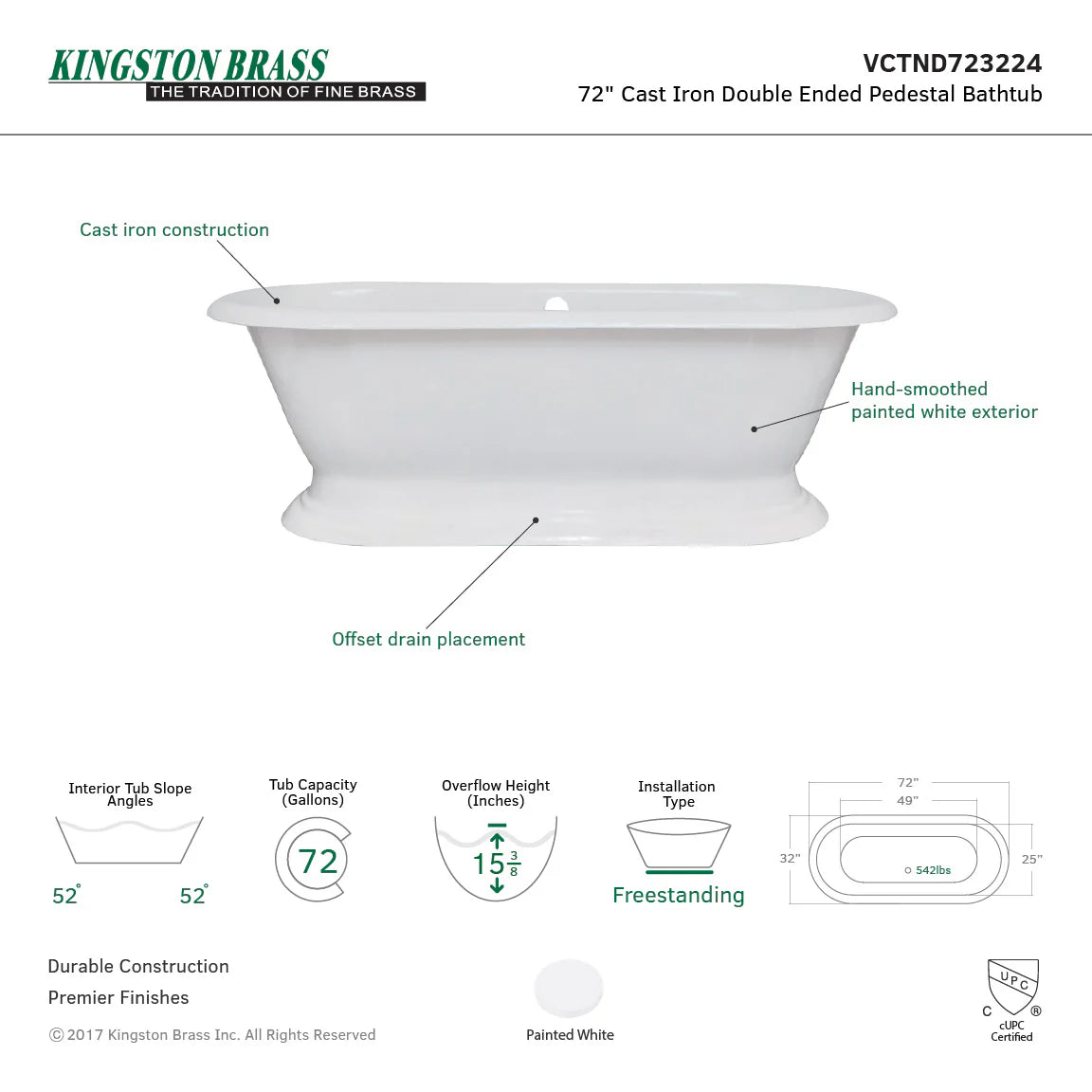 White oval double-ended pedestal bathtub, freestanding style, center drain