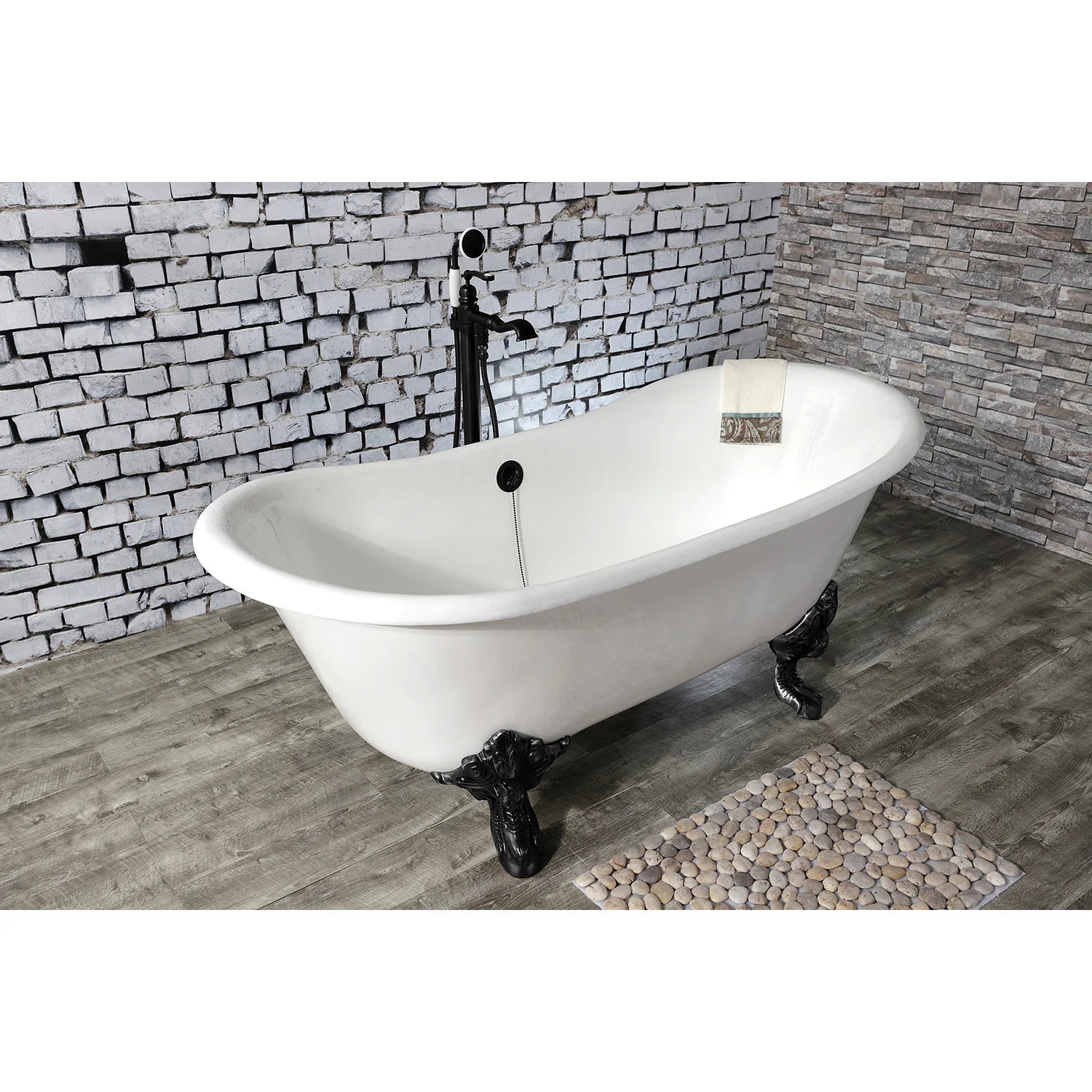 White oval slipper tub with matte black claw feet, freestanding