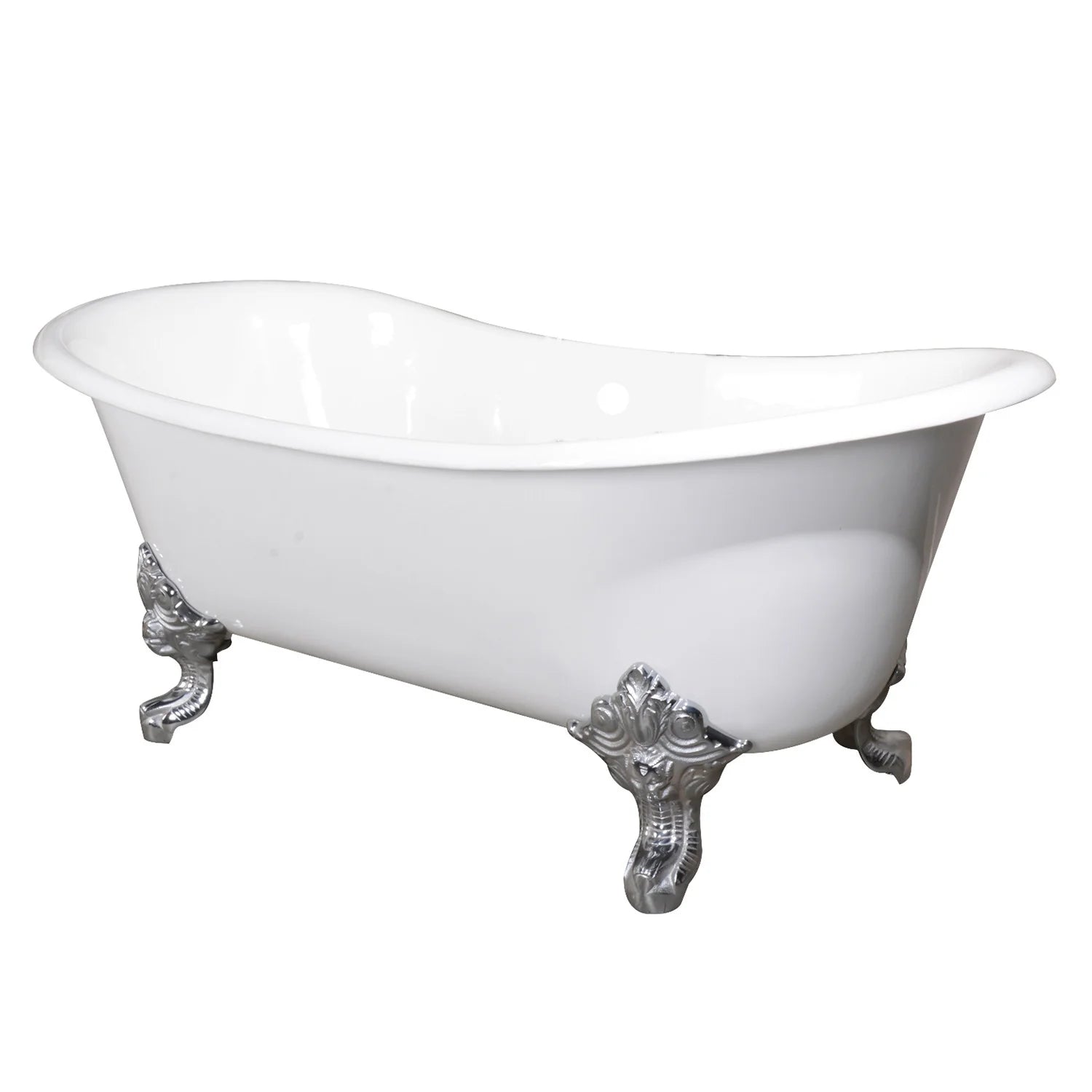 White oval clawfoot bathtub with polished chrome feet and center drain hole