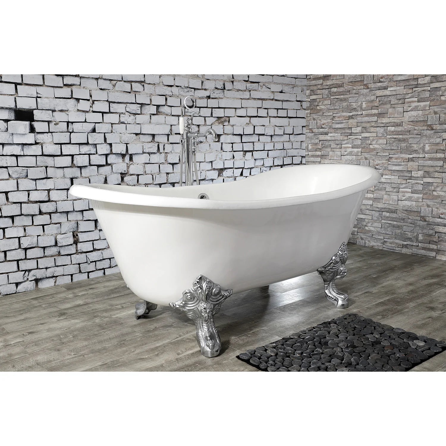 White oval clawfoot bathtub with polished chrome feet and center drain opening