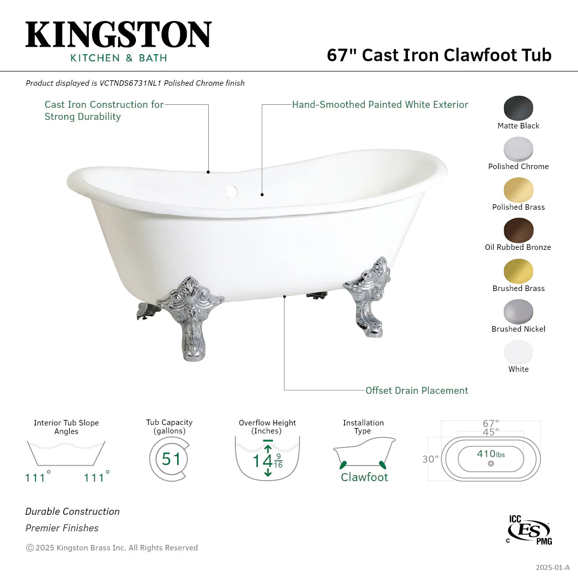 White 67-inch clawfoot tub diagram with oval shape and polished brass finish options