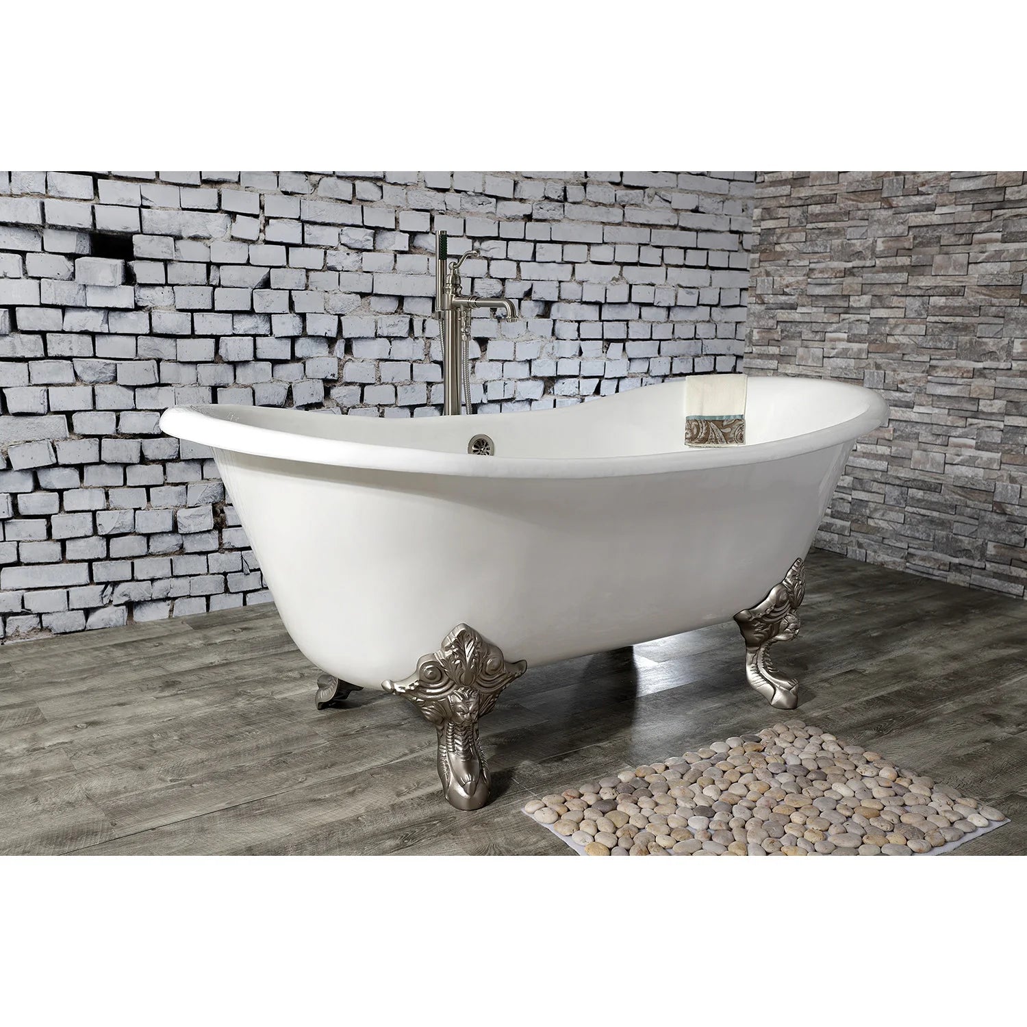White oval double slipper clawfoot bathtub with brushed nickel feet, overflow, and drain openings