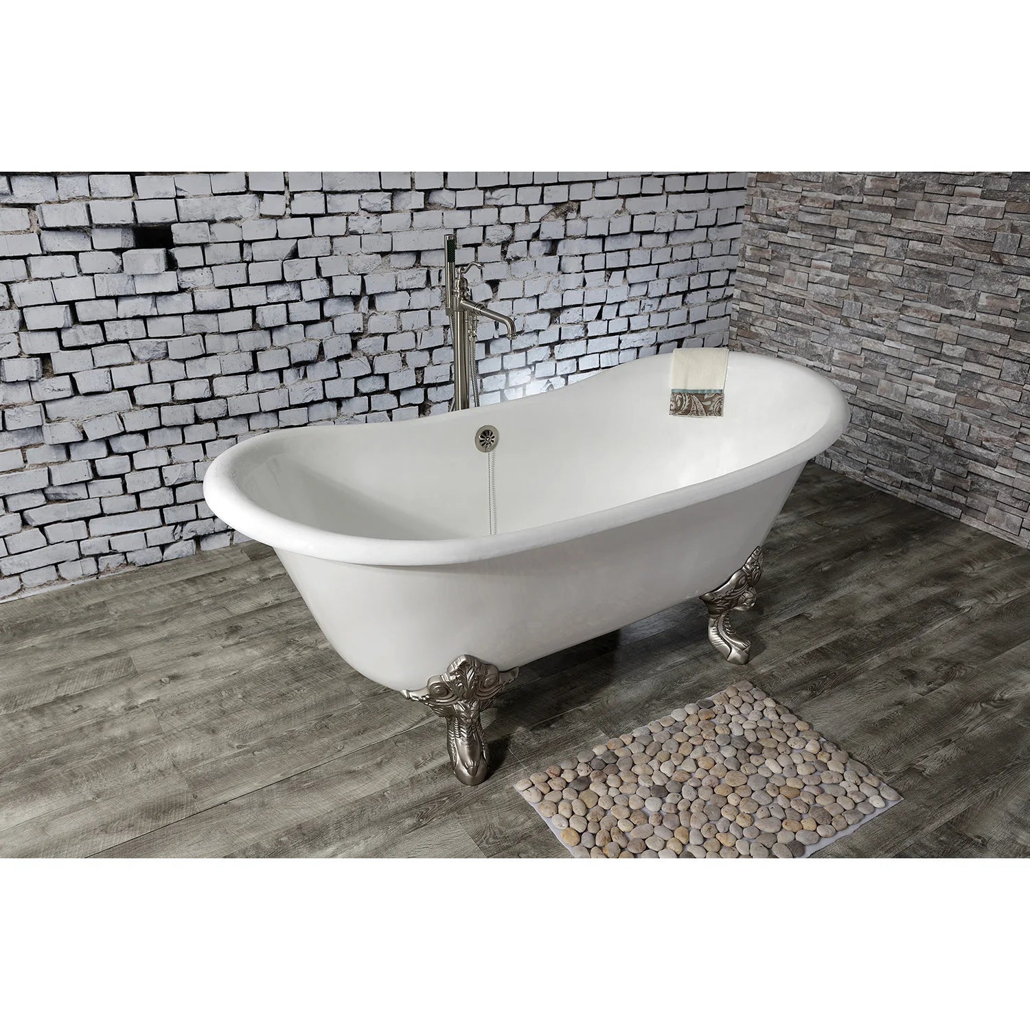 White freestanding oval double slipper bathtub with brushed nickel claw feet and overflow opening