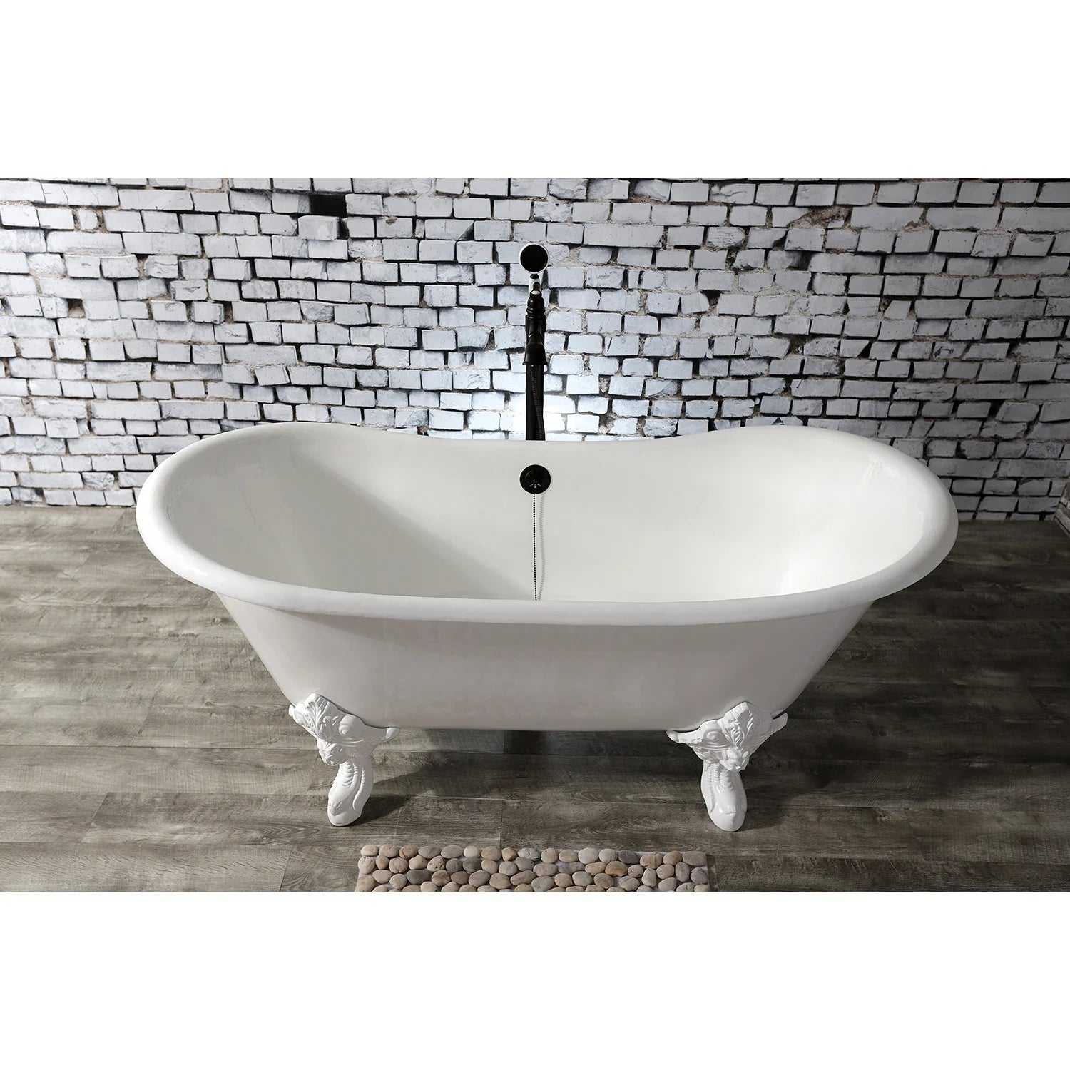 White oval cast iron slipper clawfoot tub with no faucet drilling, claw feet and drain