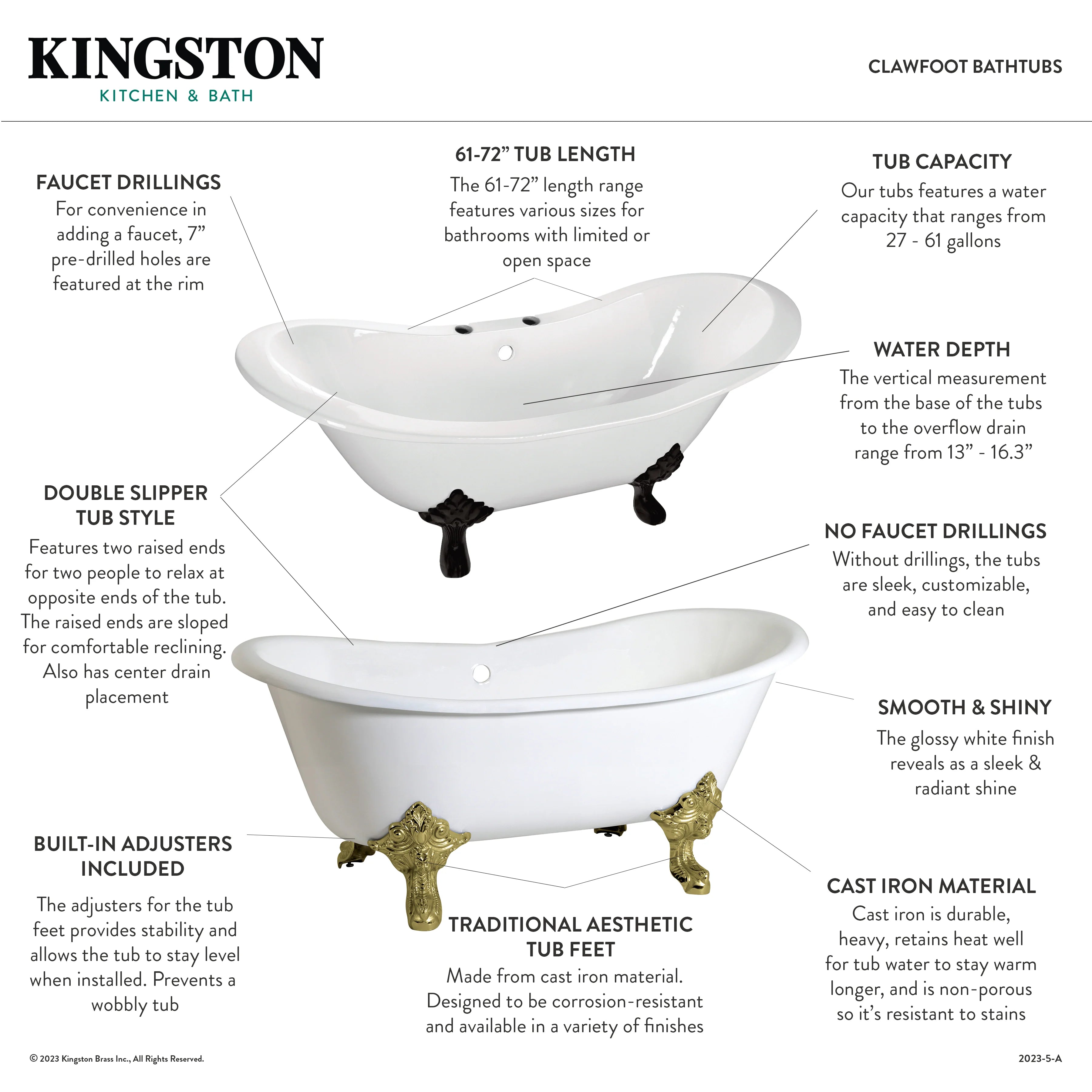 White oval double slipper clawfoot tub with centered drain and polished brass feet