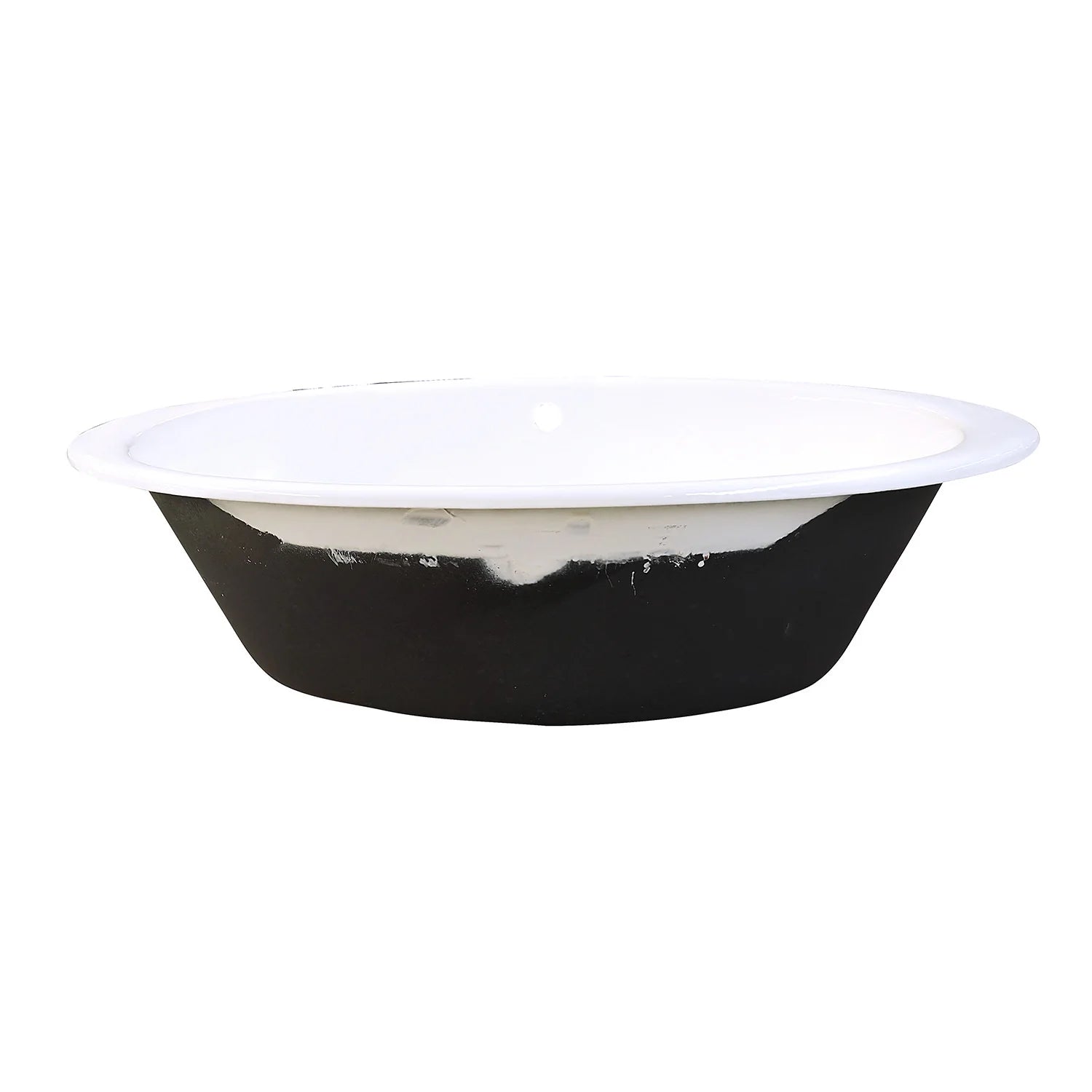 Oval drop-in cast iron tub side view, glossy white rim on dark exterior body