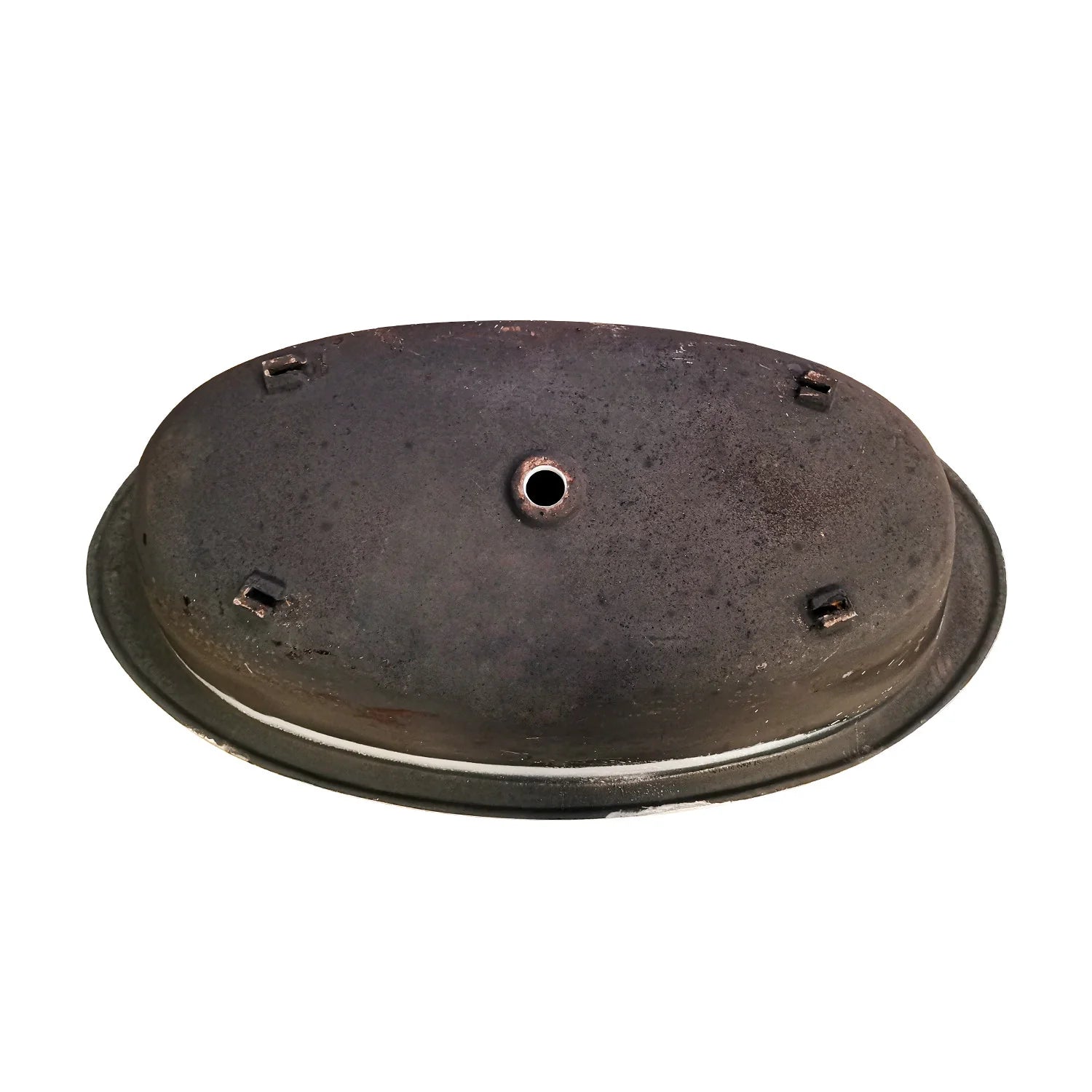 Cast iron tub bottom with central drain outlet and four corner mounting points