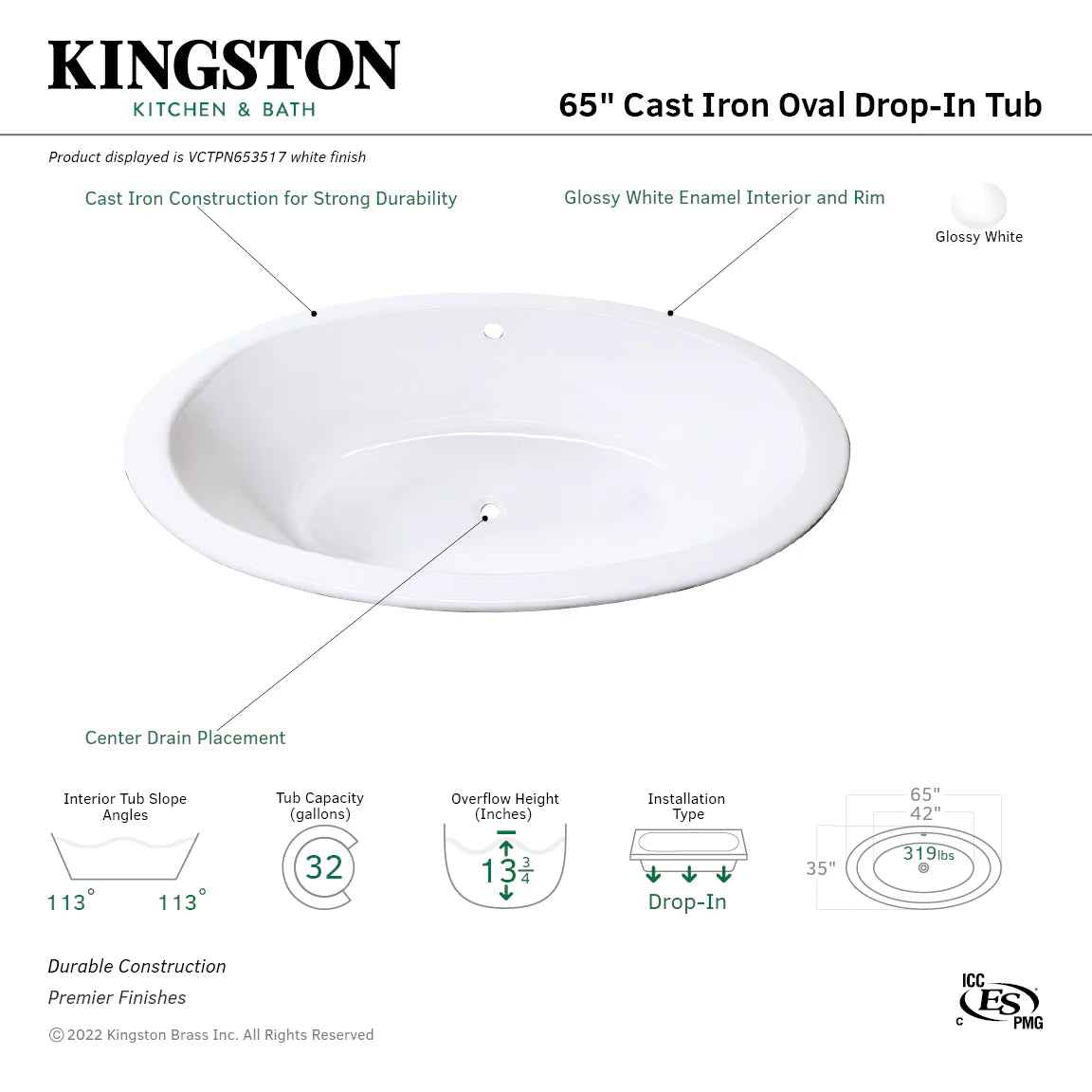 Oval drop-in cast iron tub with glossy white enamel interior and center drain hole