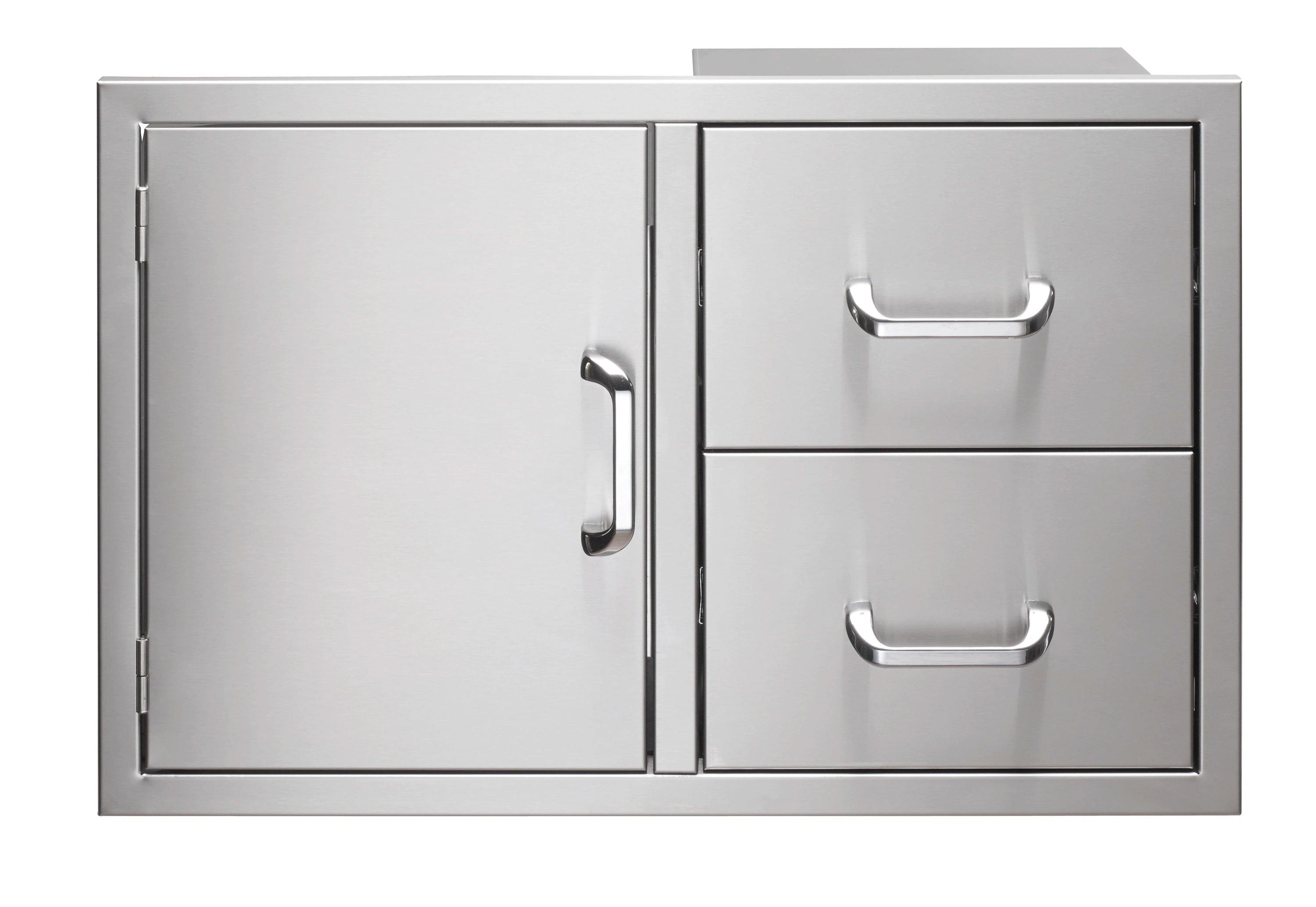 Metal storage cabinet with hinged access door and two drawer compartments, brushed silver finish