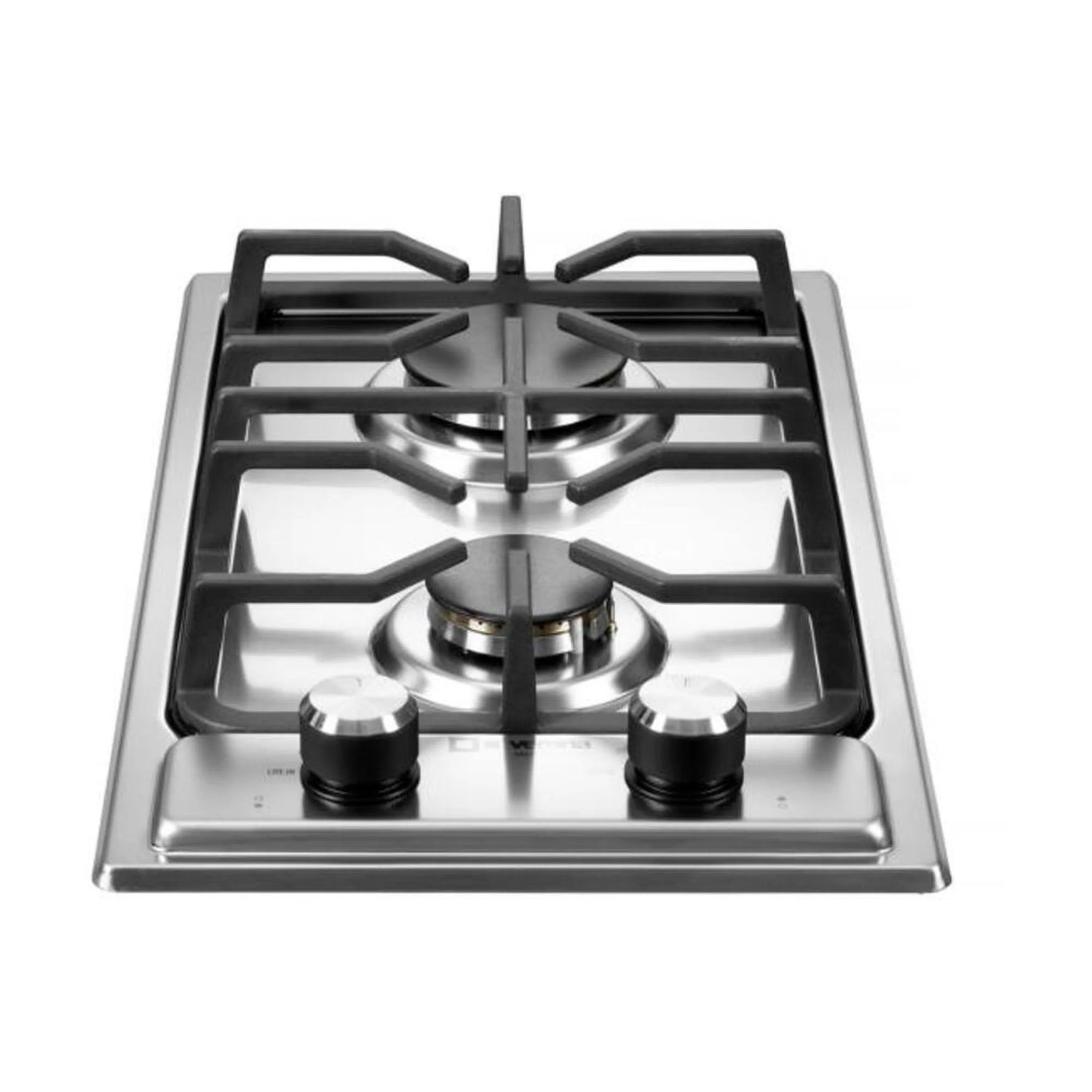 Verona stainless steel gas cooktop, two-burner grate with burner caps centered