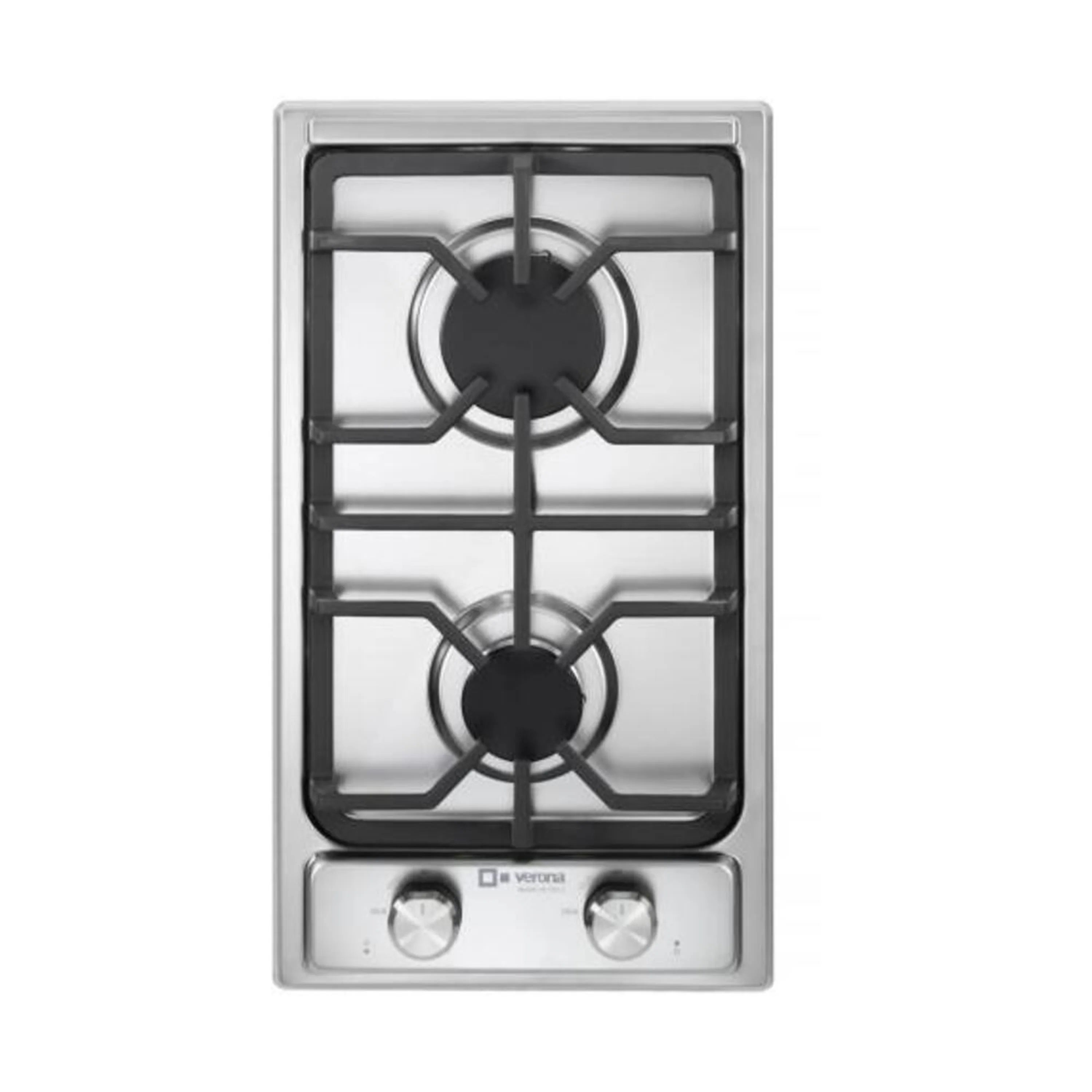 Verona stainless steel gas cooktop front view with two knobs and two burner positions