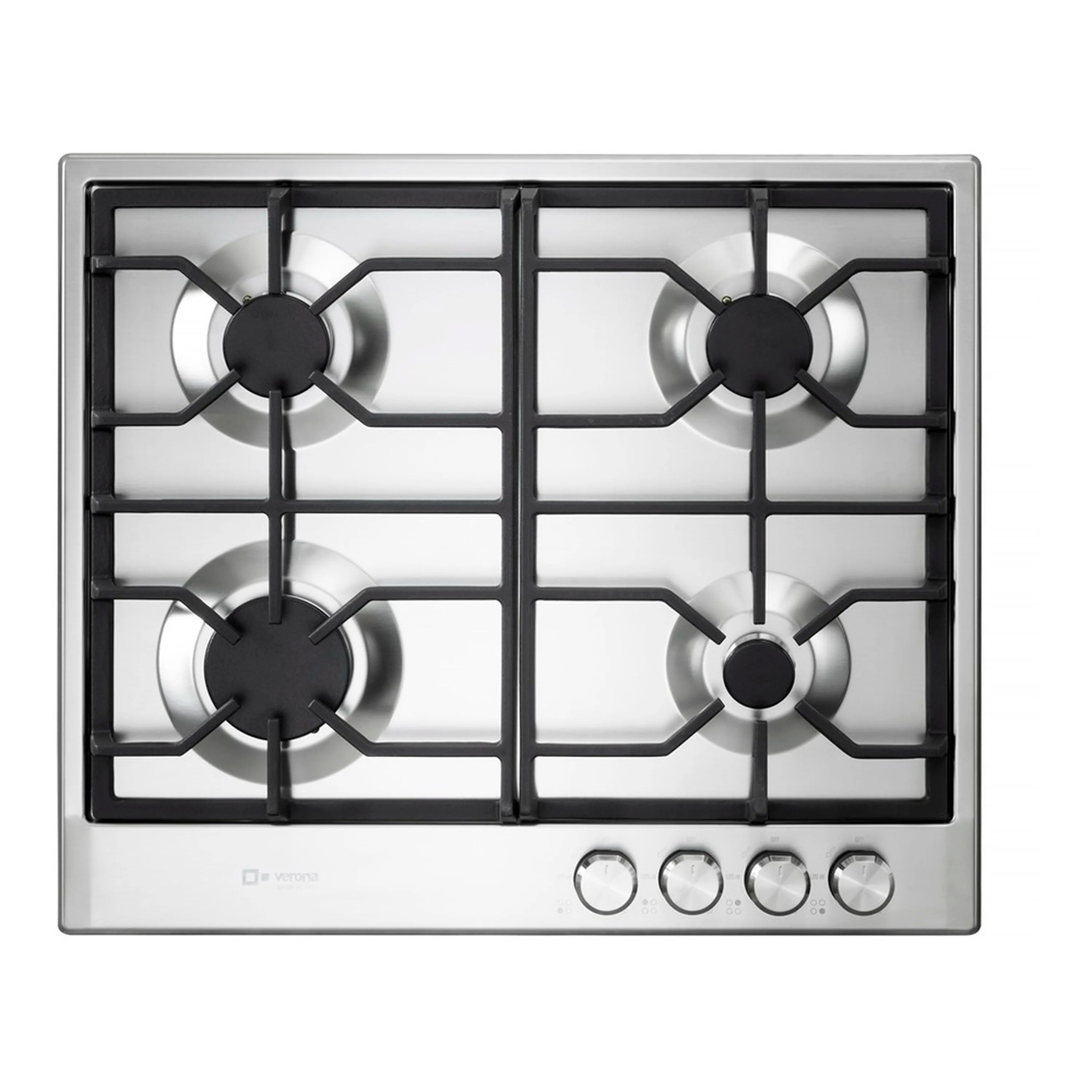 Stainless steel gas cooktop front with four burners and control knobs