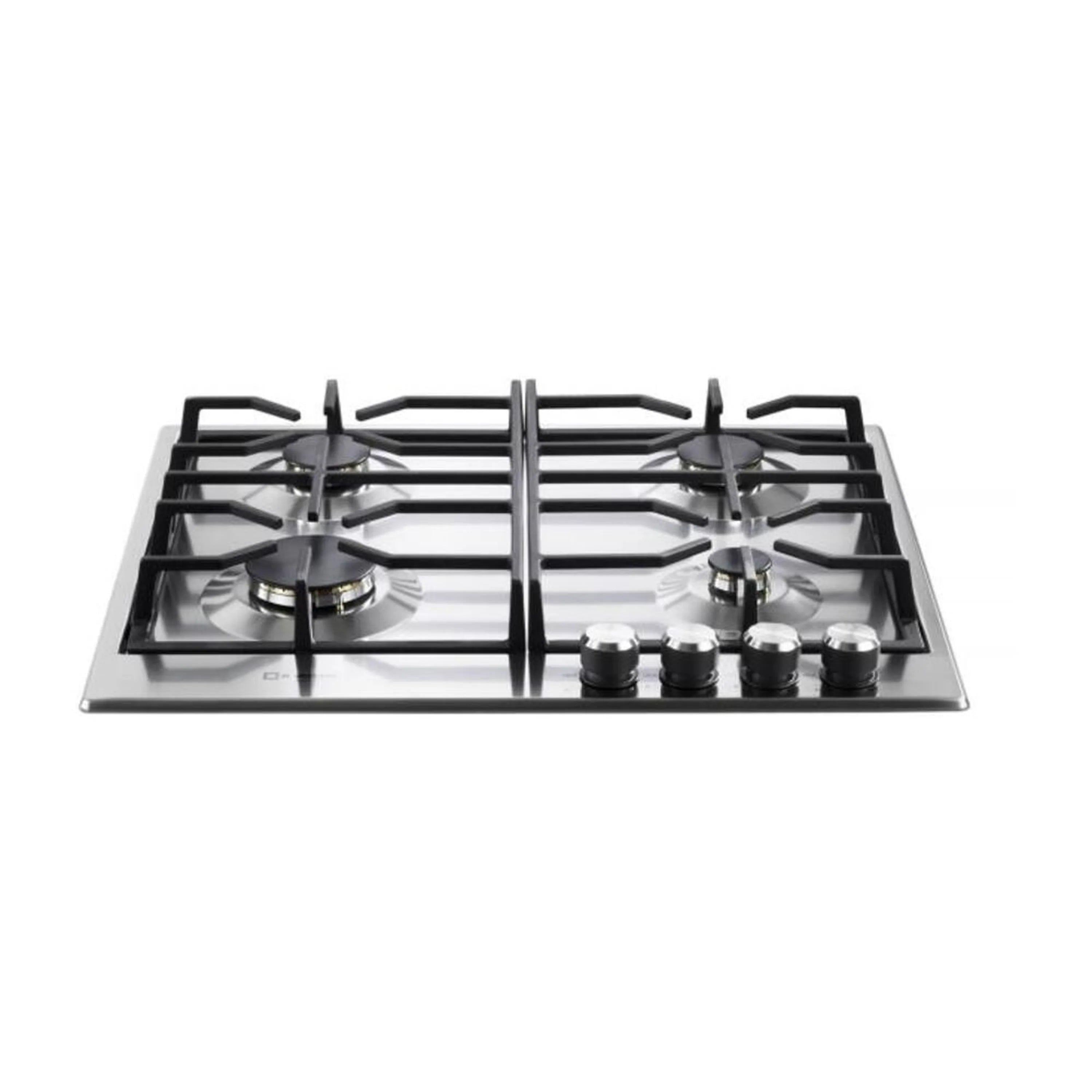 Stainless steel gas cooktop with four sealed burners and metal grate