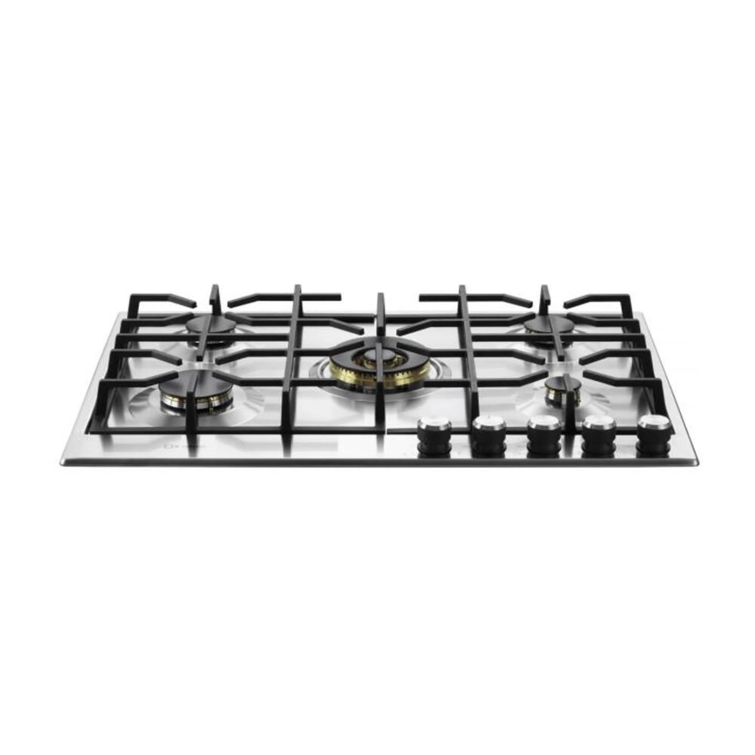 Stainless steel gas cooktop with five sealed burners and black grate