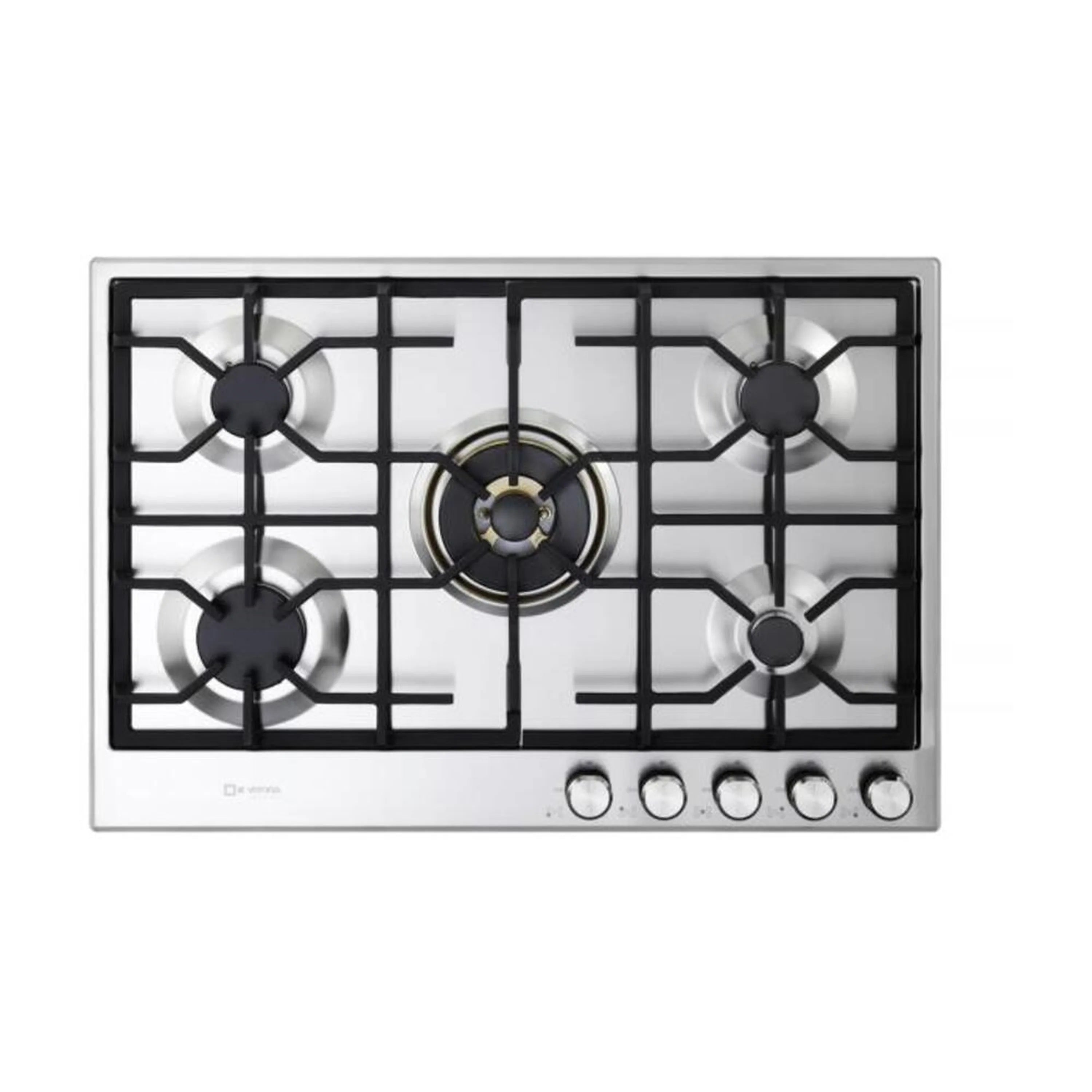Stainless steel gas cooktop with five burners, black grates, and control knobs