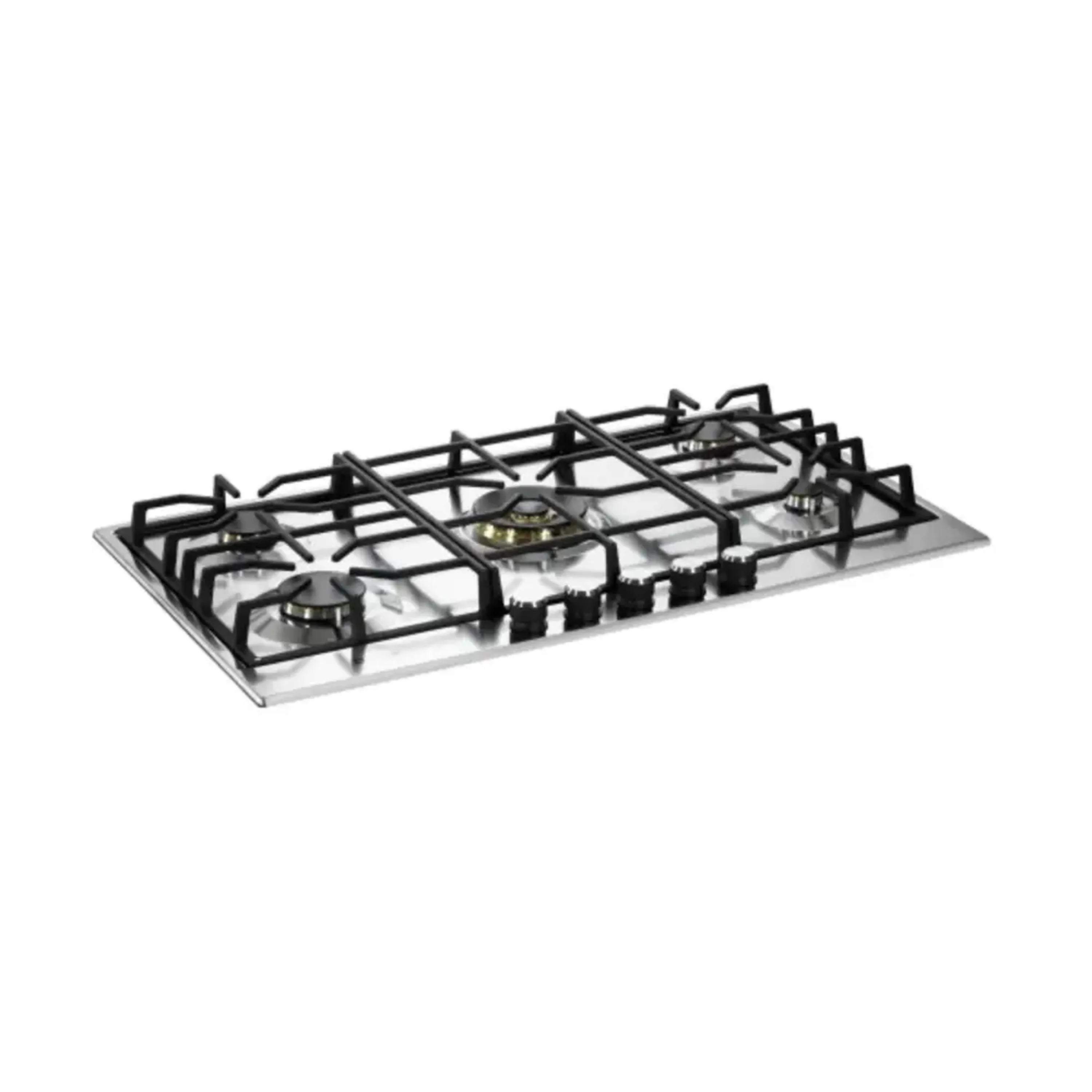 Stainless steel 36-inch gas cooktop with five sealed burners and black burner grates