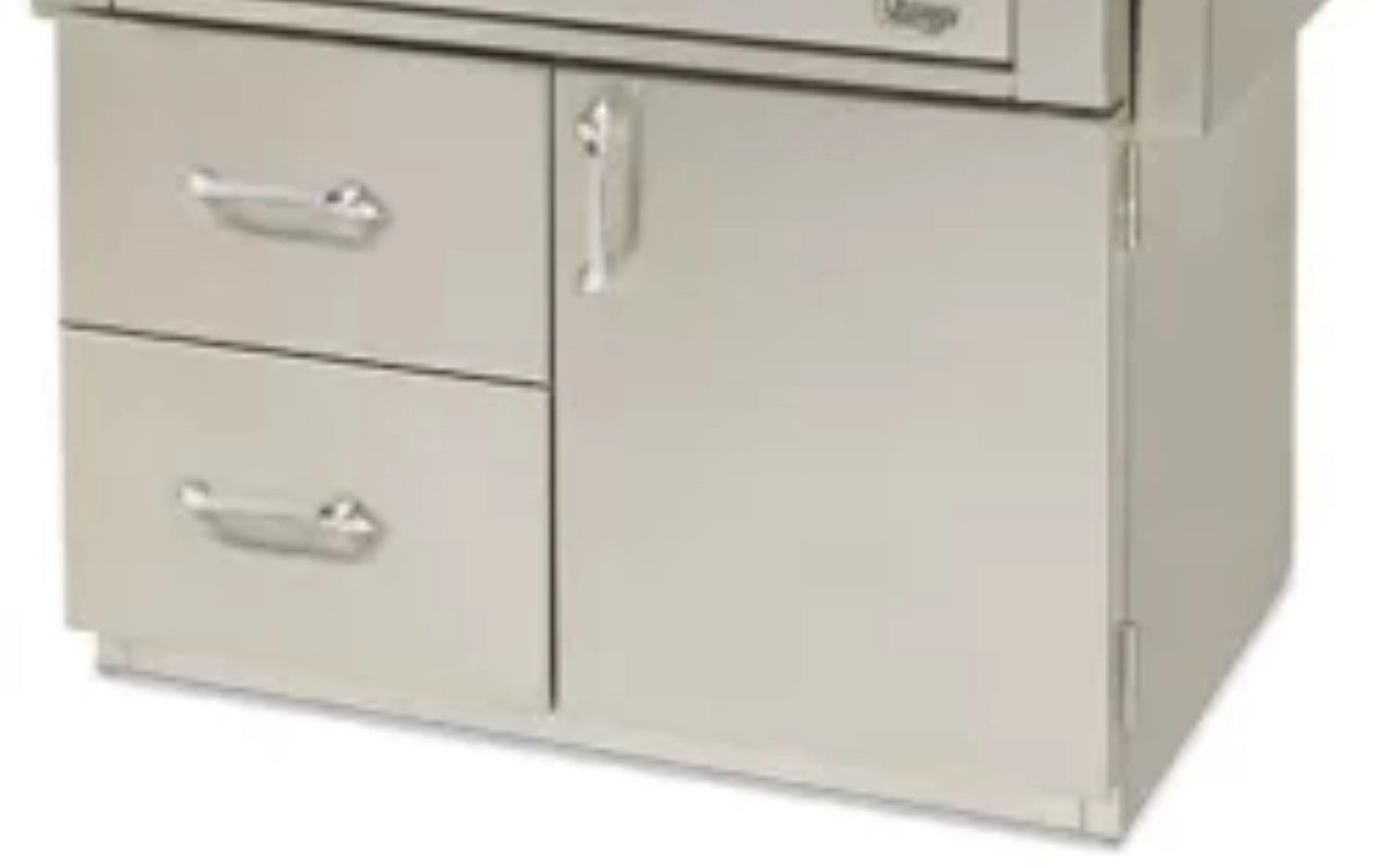 Stainless steel vanity cabinet with two drawers and two-door storage base.