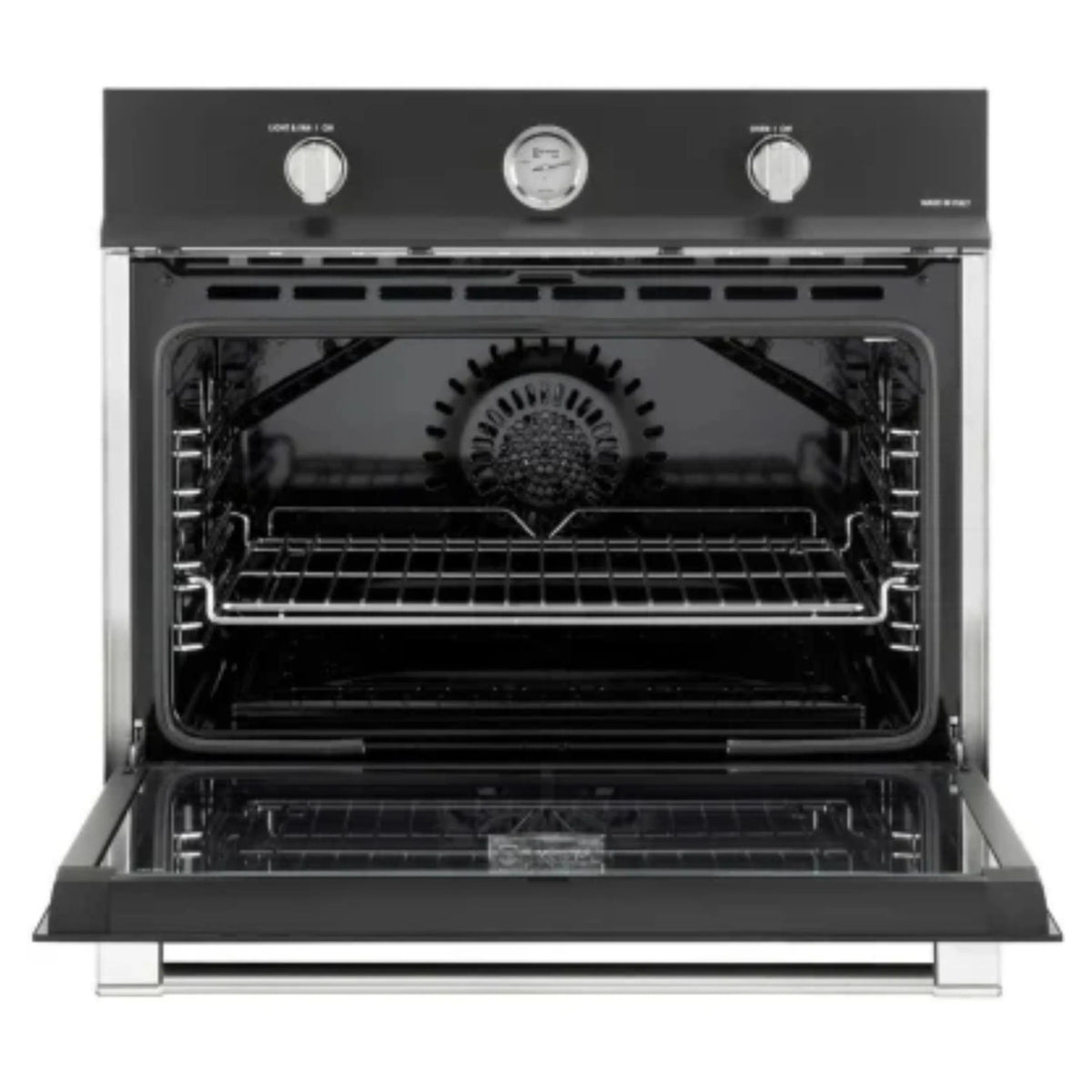 Matte black gas built-in single wall oven with open door, racks and oven floor visible