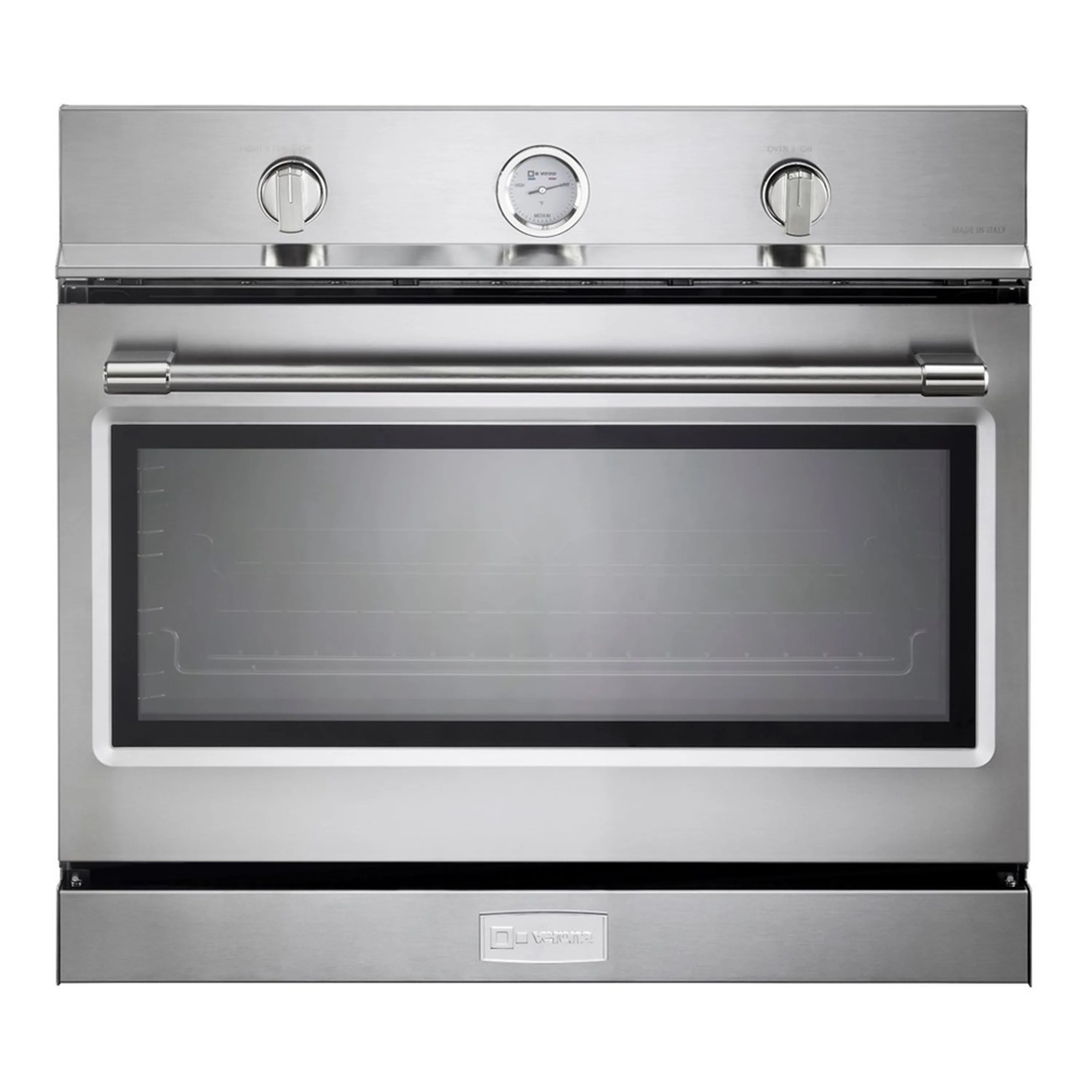 Stainless steel built-in single wall gas oven with door closed and control knobs