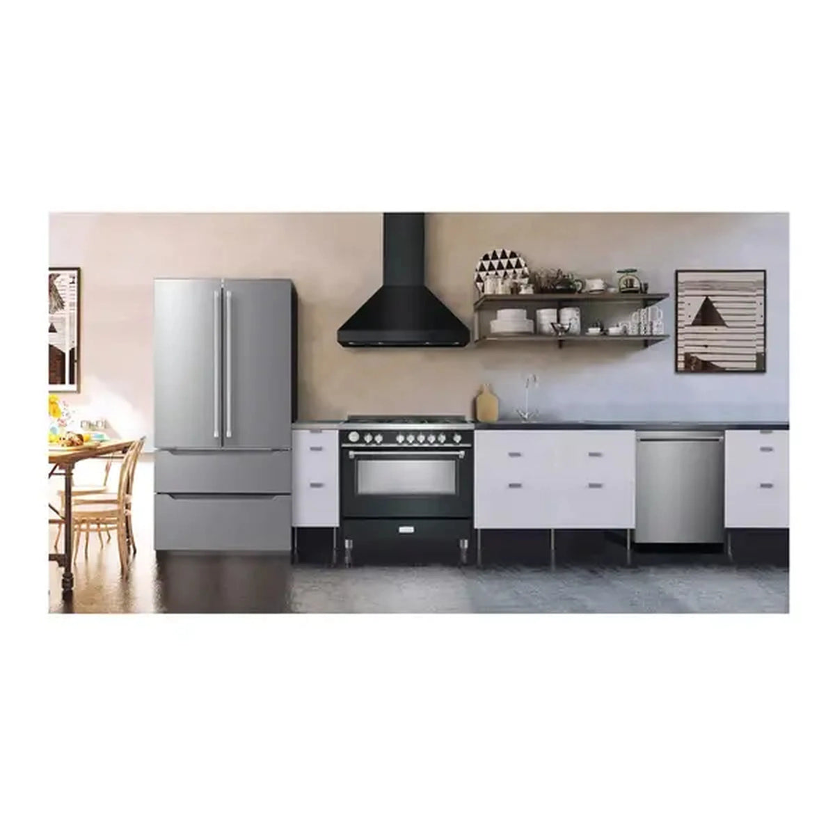 Matte black chimney wall range hood installed above the cooktop area