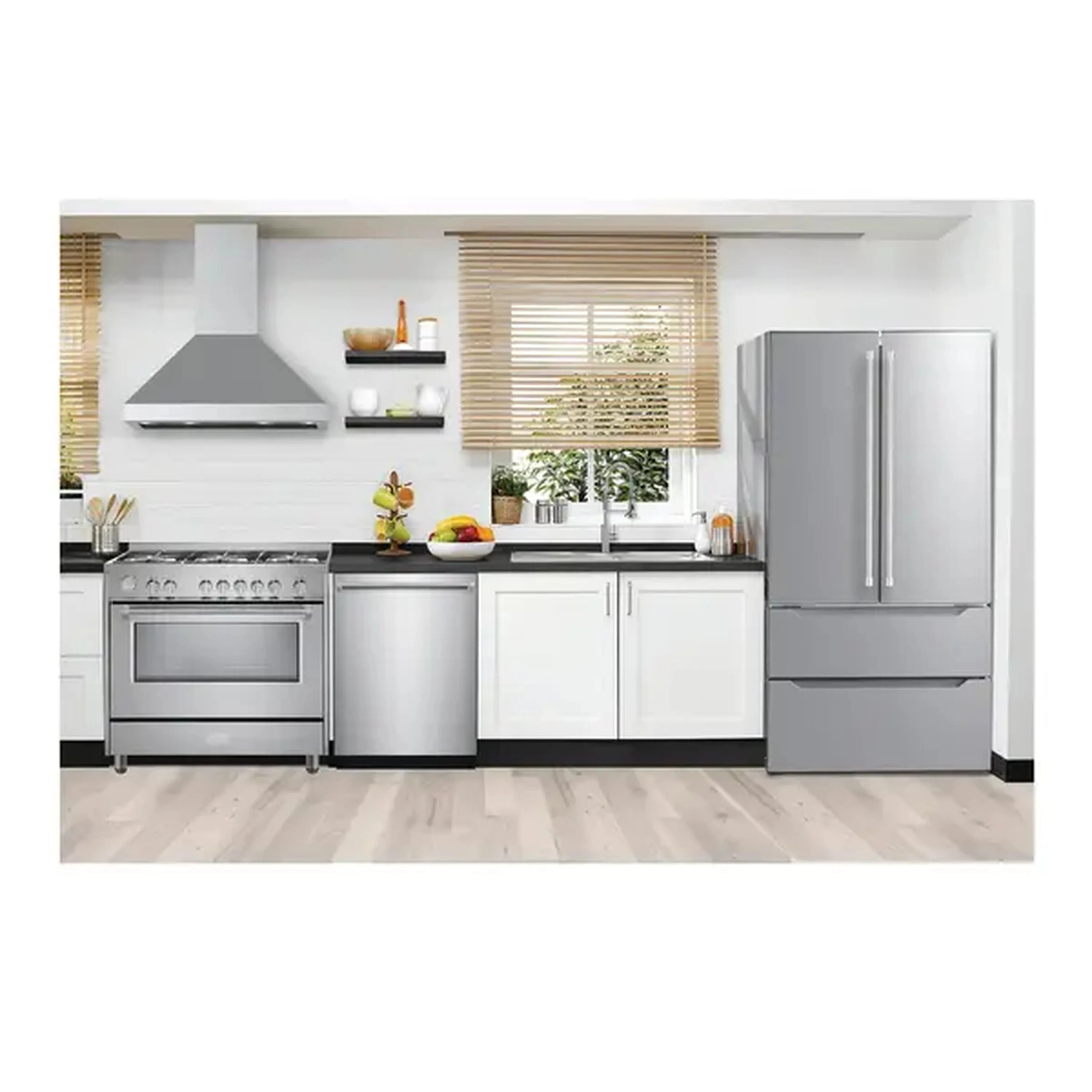 Stainless steel chimney wall range hood centered over cooktop in bright kitchen
