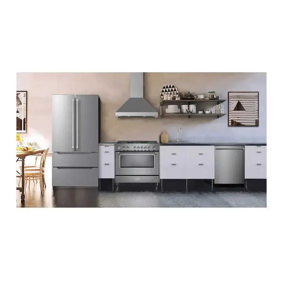 Dual fuel range and wall-mount range hood set in stainless steel