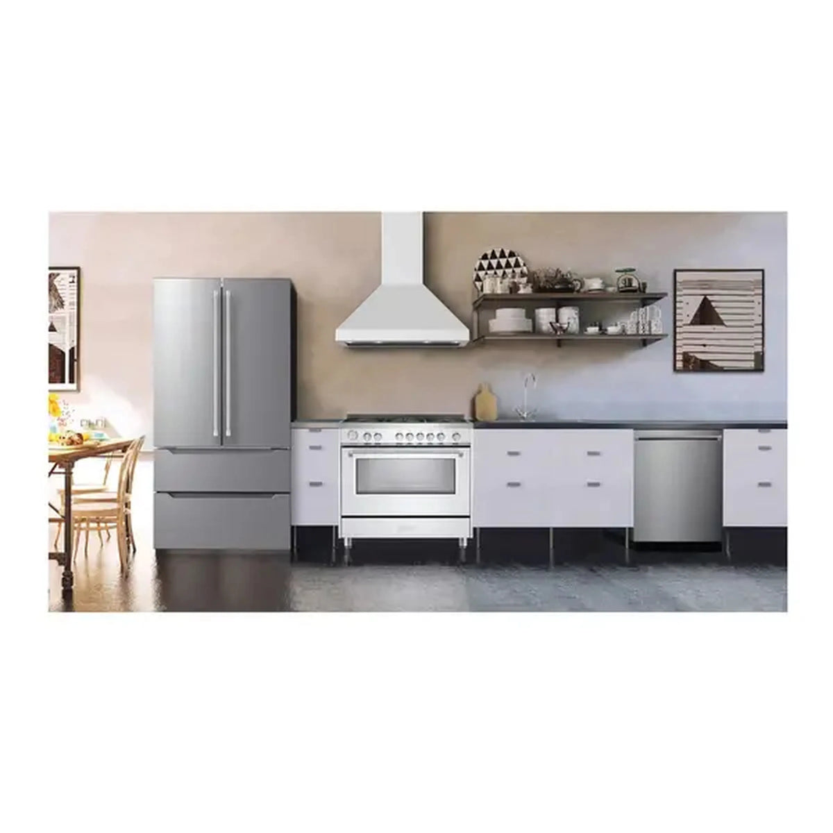 Wall-mount white range hood with stainless vent and canopy chimney over the cooktop