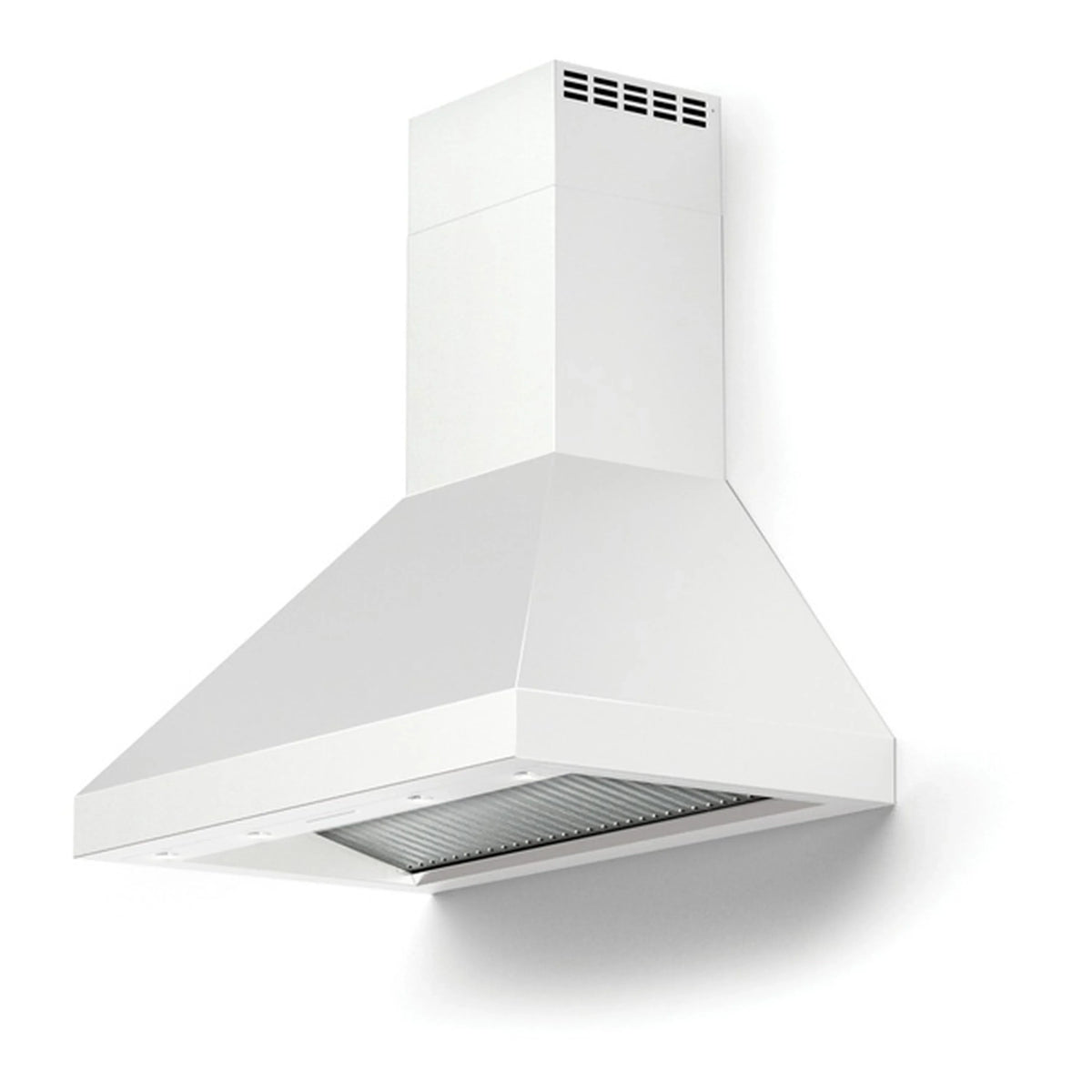 White wall-mounted range hood with open vent hood and visible stainless filter tray